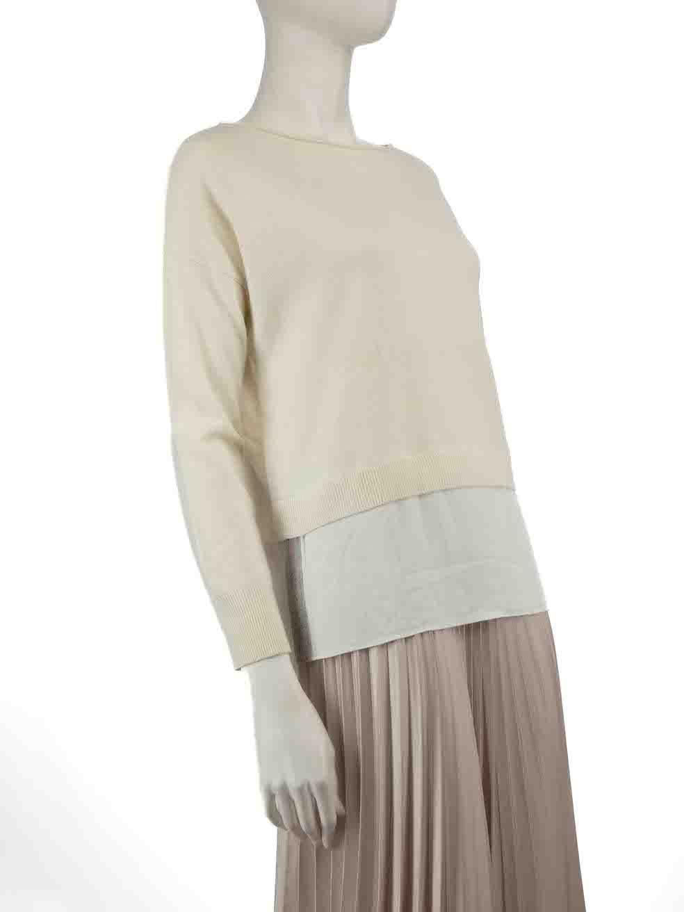 CONDITION is Very good. Hardly any visible wear to jumper is evident on this used Fabiana Filippi designer resale item.
 
 
 
 Details
 
 
 Cream
 
 Wool
 
 Long sleeves jumper
 
 Knitted and stretchy
 
 Wide neckline
 
 Silk beaded panel
 
 
 
 
 
