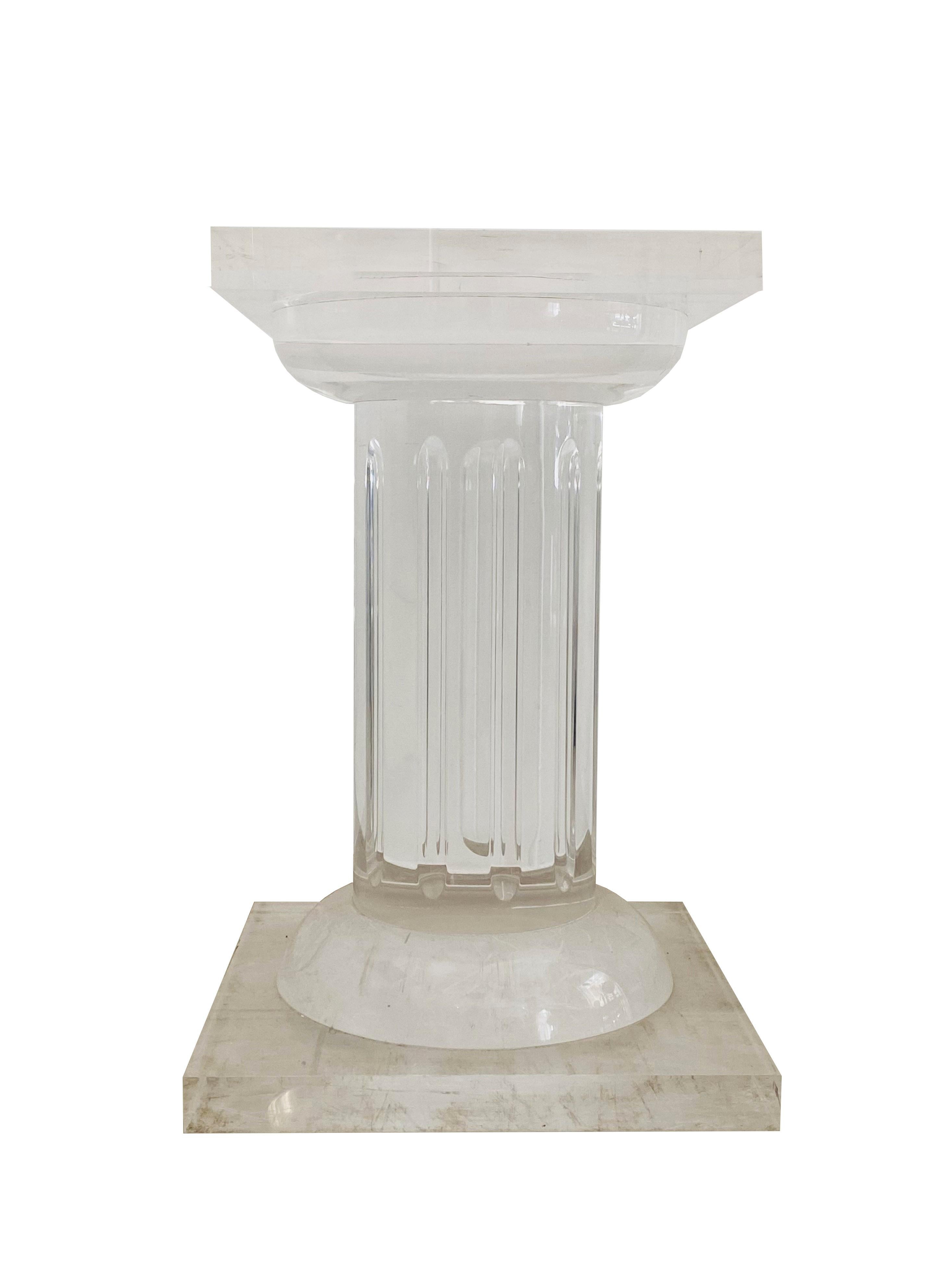 Column or table base in classical style, made entirely of thick clear plexiglass block. Production Fabianart Italy 1970
