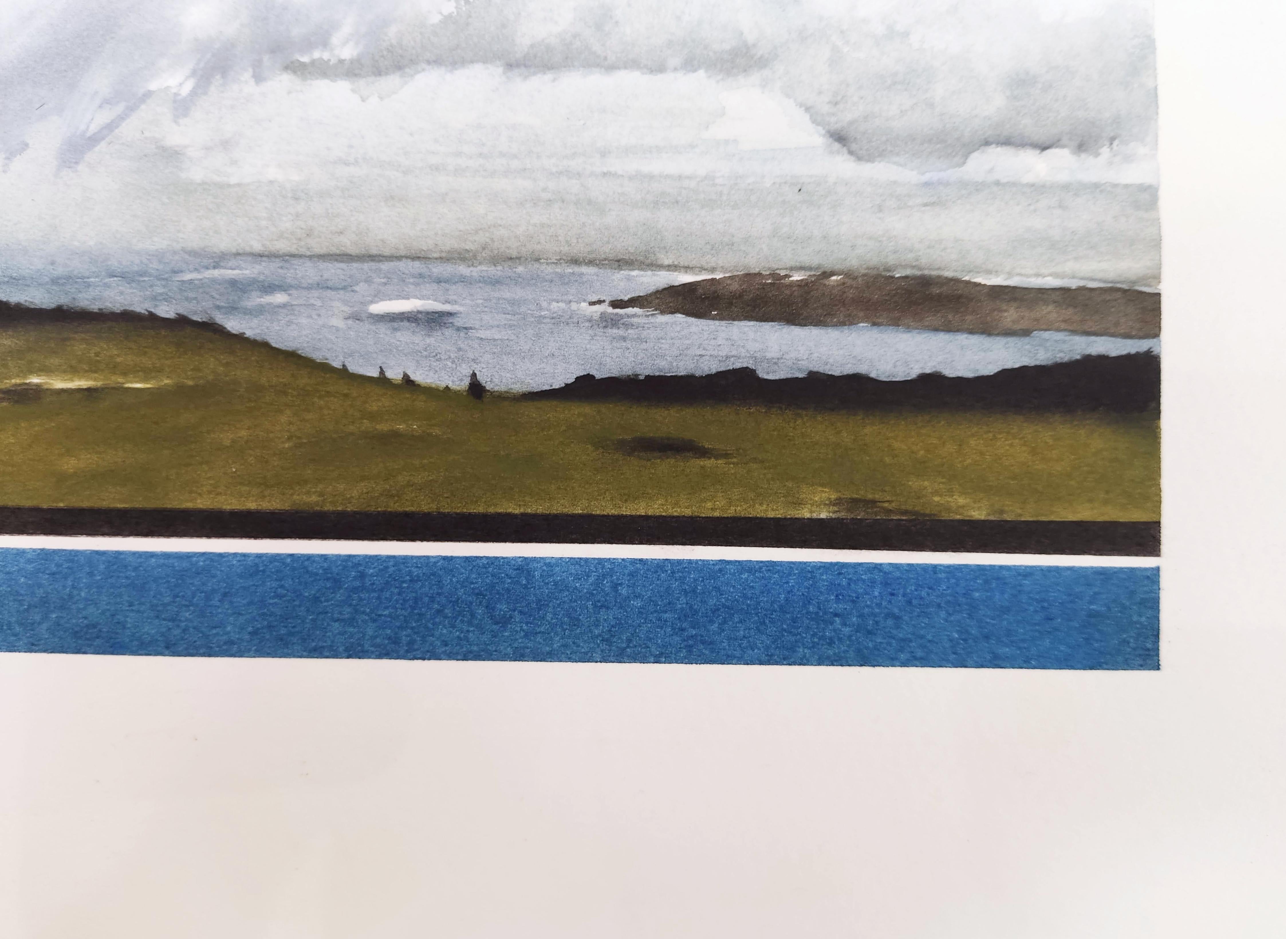 Paysage de la côte mer, aquarelle originale, pastel, gouache, Britany - Gris Landscape Painting par Fabien Granet