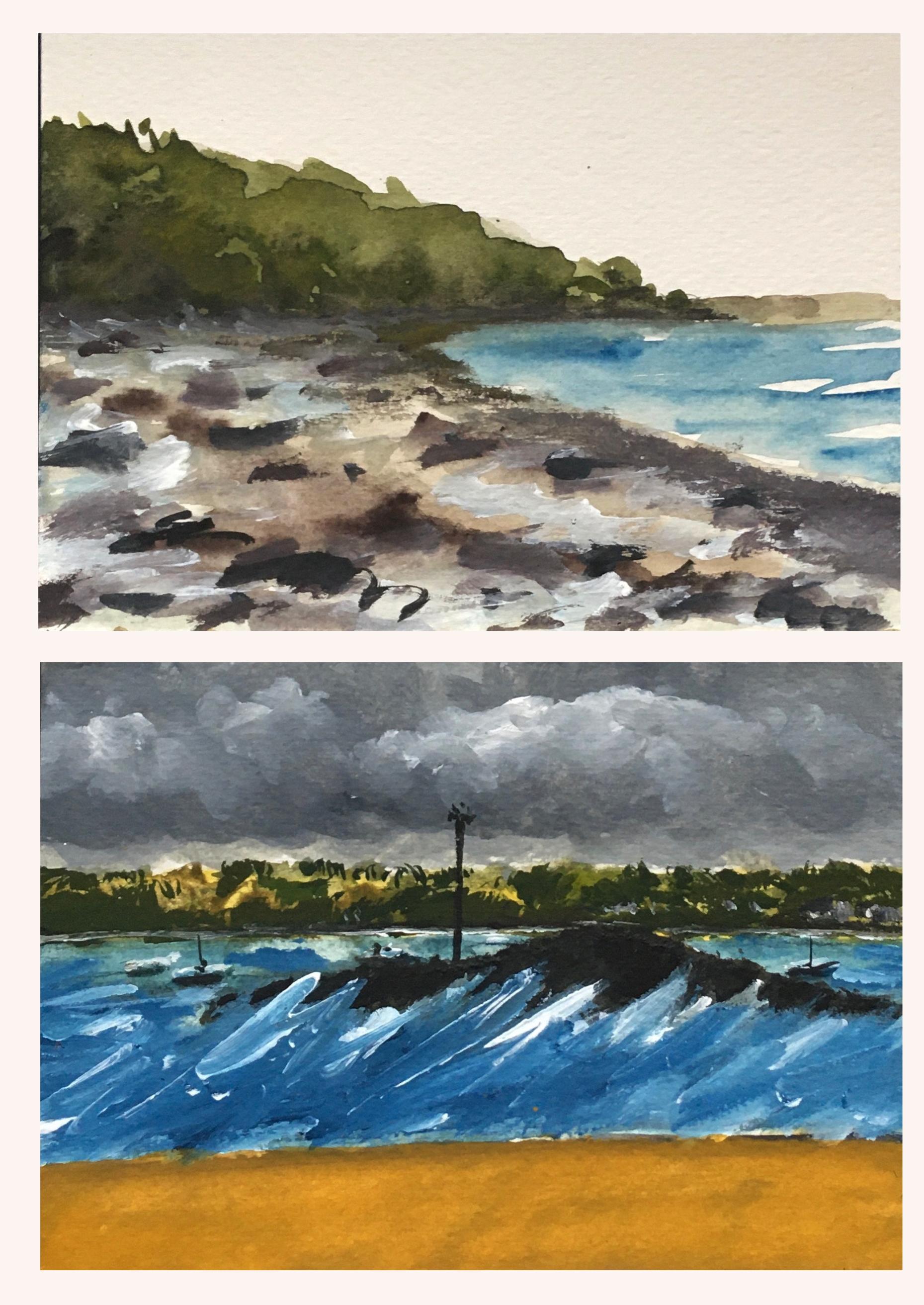 Vu d'ici - Watercolour, Painting on paper, Landscape, Seaside