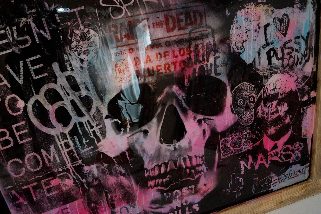 Raise the Dead - Skull Street Art & Graffiti  - Brown Figurative Painting by Fabien Rocca