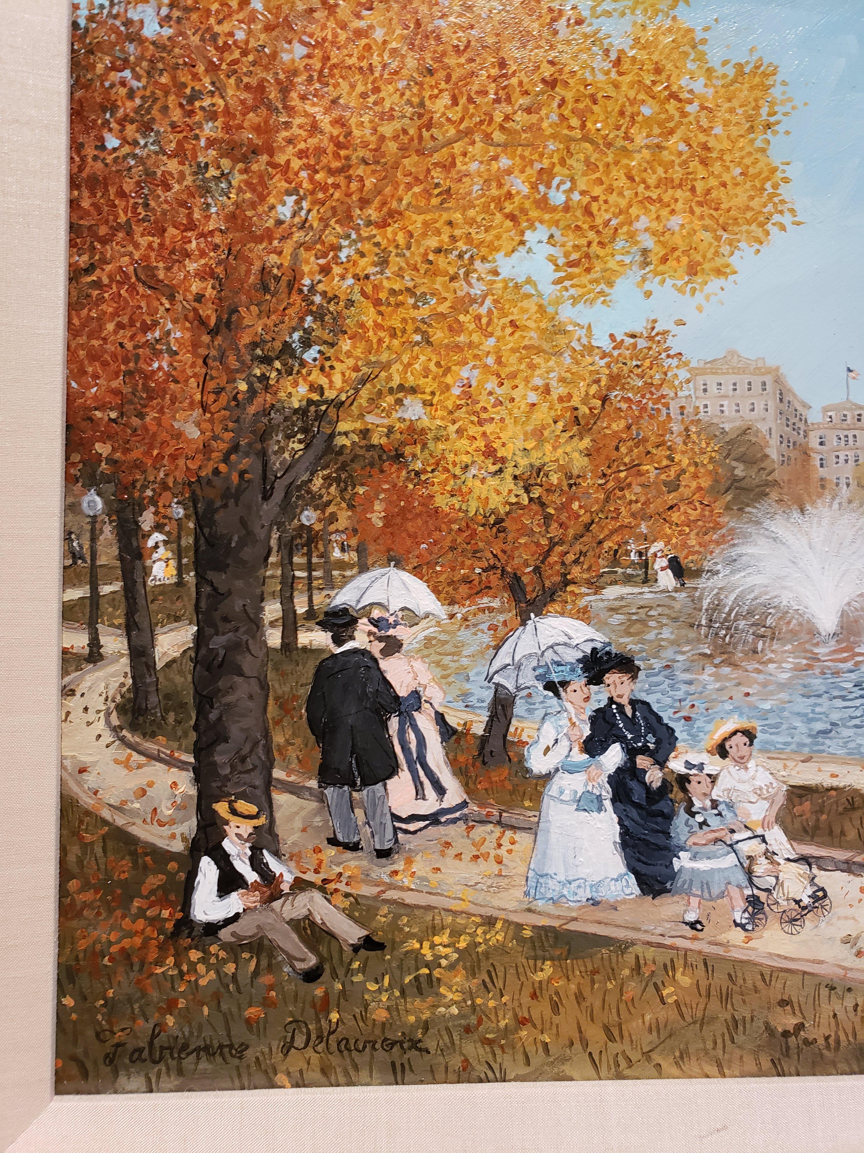 This charming impressionist acrylic painting shows people in the Boston Commons during the fall. The vibrant colors of orange, blues and greens convey an atmosphere of warmth and joy.

Fabienne Delacroix is the youngest child of the master naïf