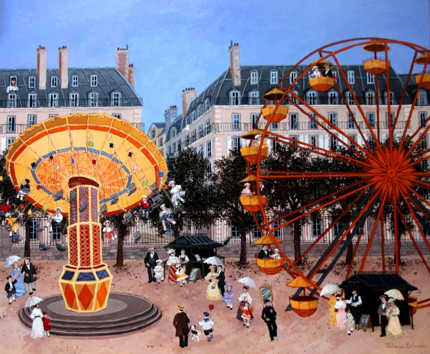 Fête Foraine aux Tuileries, Acrylic Paint on Board - Painting by Fabienne Delacroix