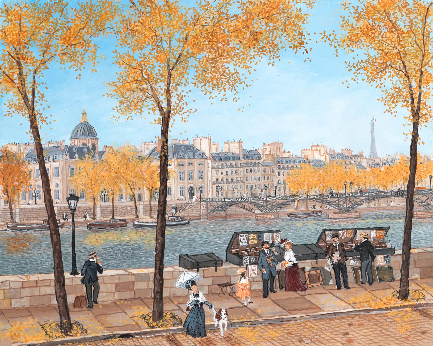 Les bouquinistes en automne - Painting by Fabienne Delacroix