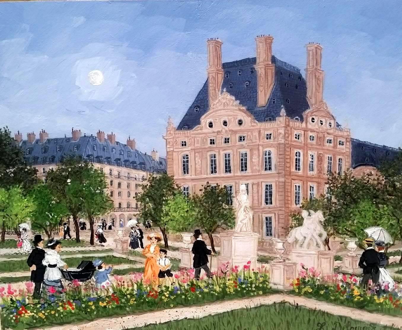 This charming acrylic painting depicts a Parisian garden with decadent french architecture. The colors are bright, using greens and blues to create a calm and joyful atmosphere.

Fabienne Delacroix is the youngest child of the master naïf painter