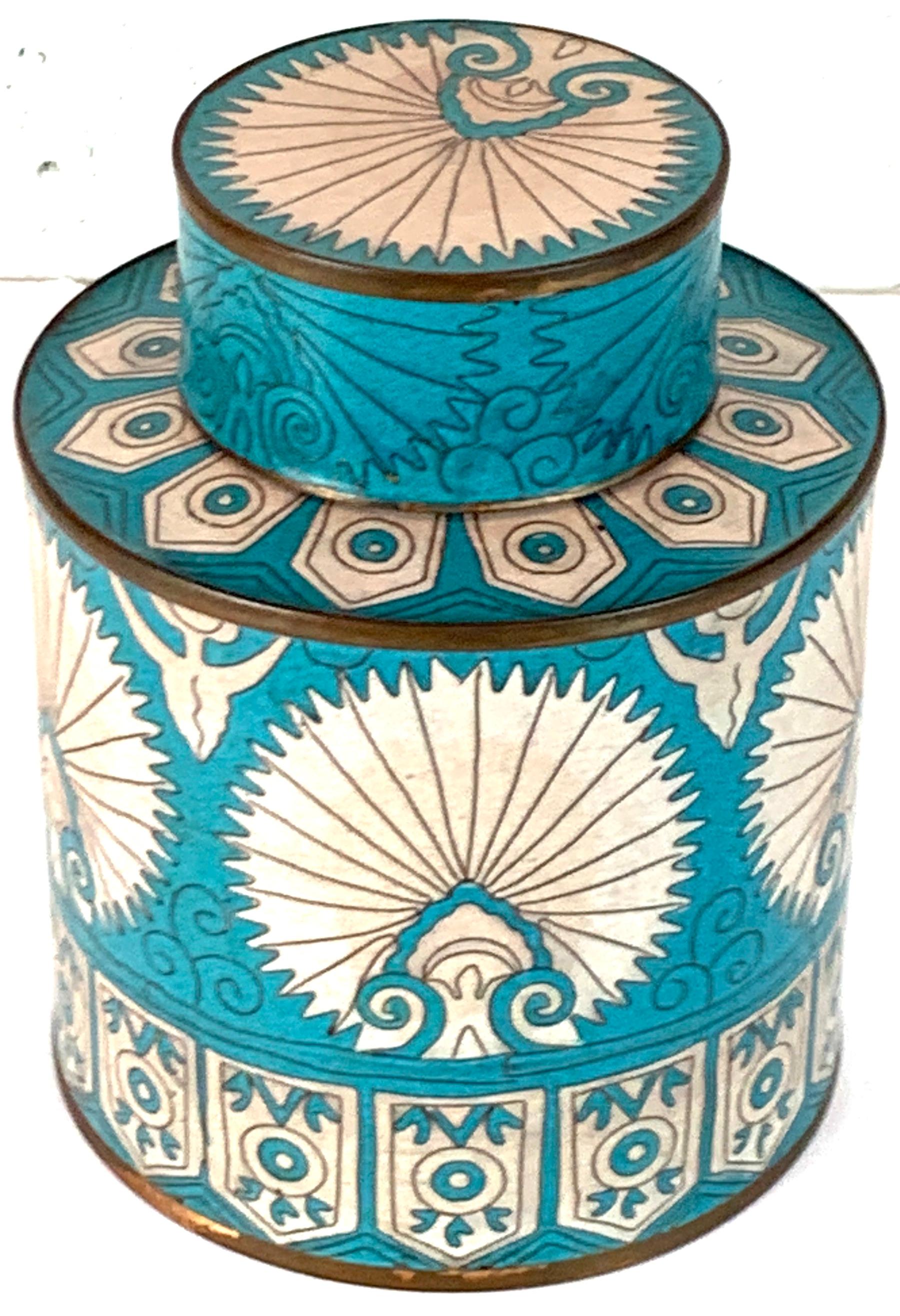 Fabienne Jouvin blue and white shell motif Cloisonné Ginger jar, circa 1980, With removable lid, and intentional aged patina of the Cloisonné. Stamped 'Fabienne Jouvin-Paris'.