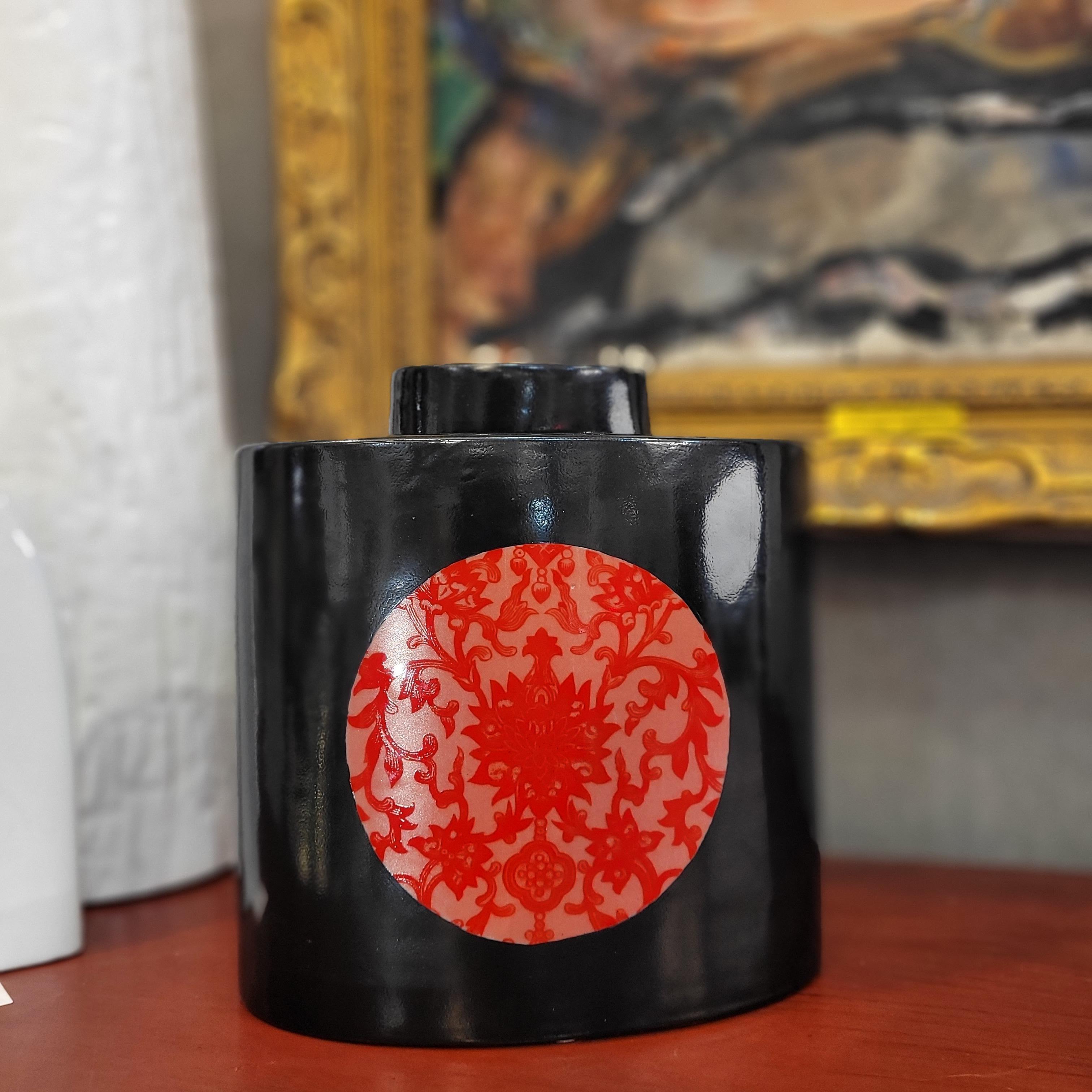 Fabienne Jouvin Chinese black red porcelain Jar Vase Centerpiece 6