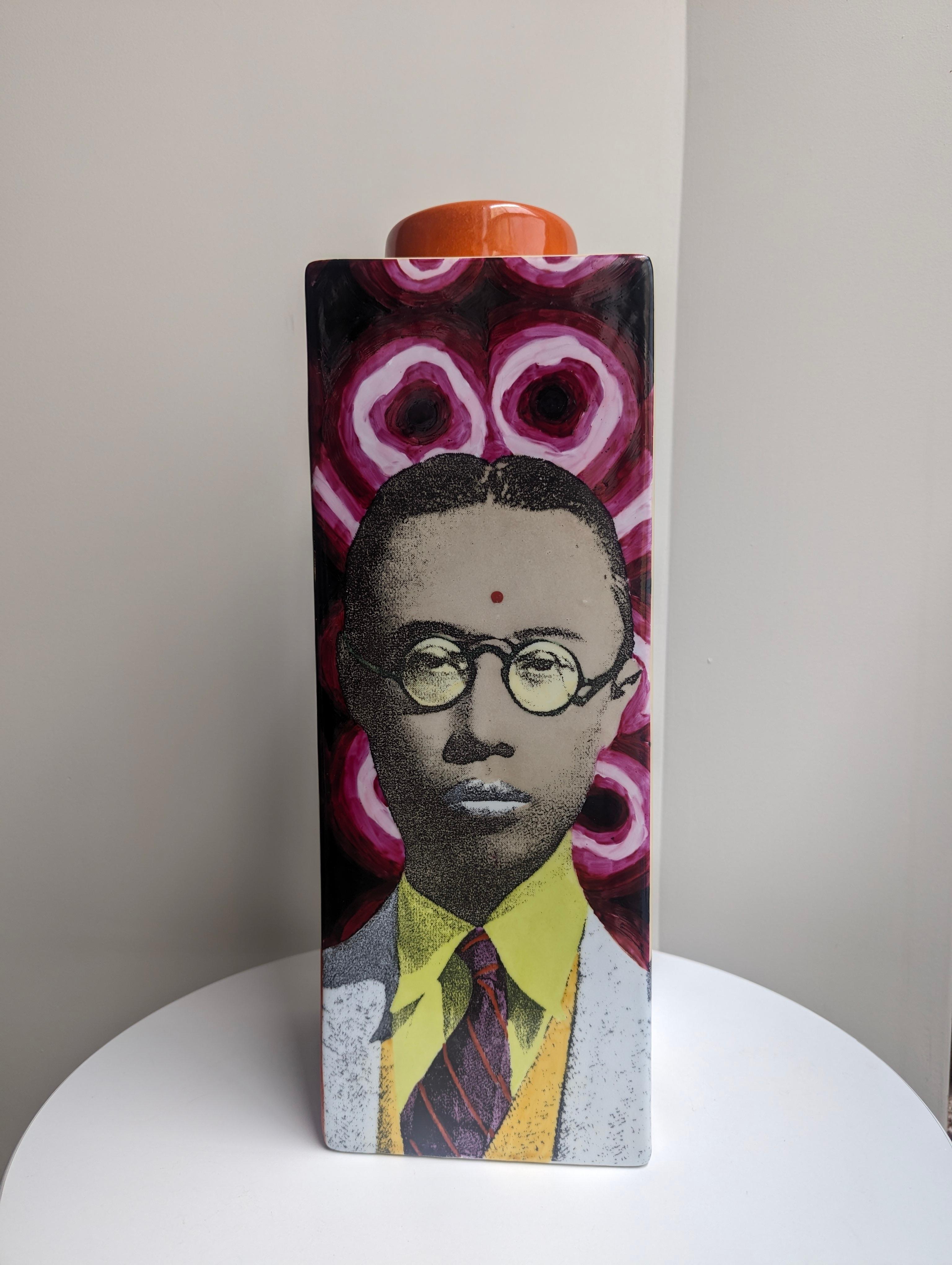 Large ceramic lidded vessel decorated with images of emperor Pu Yi. Pop art like design reminiscent of Andy Warhol.

Fabienne Jouvin, renowned contemporary designer specializing in unique ceramic pieces. Graduated from Duperré Higher School of