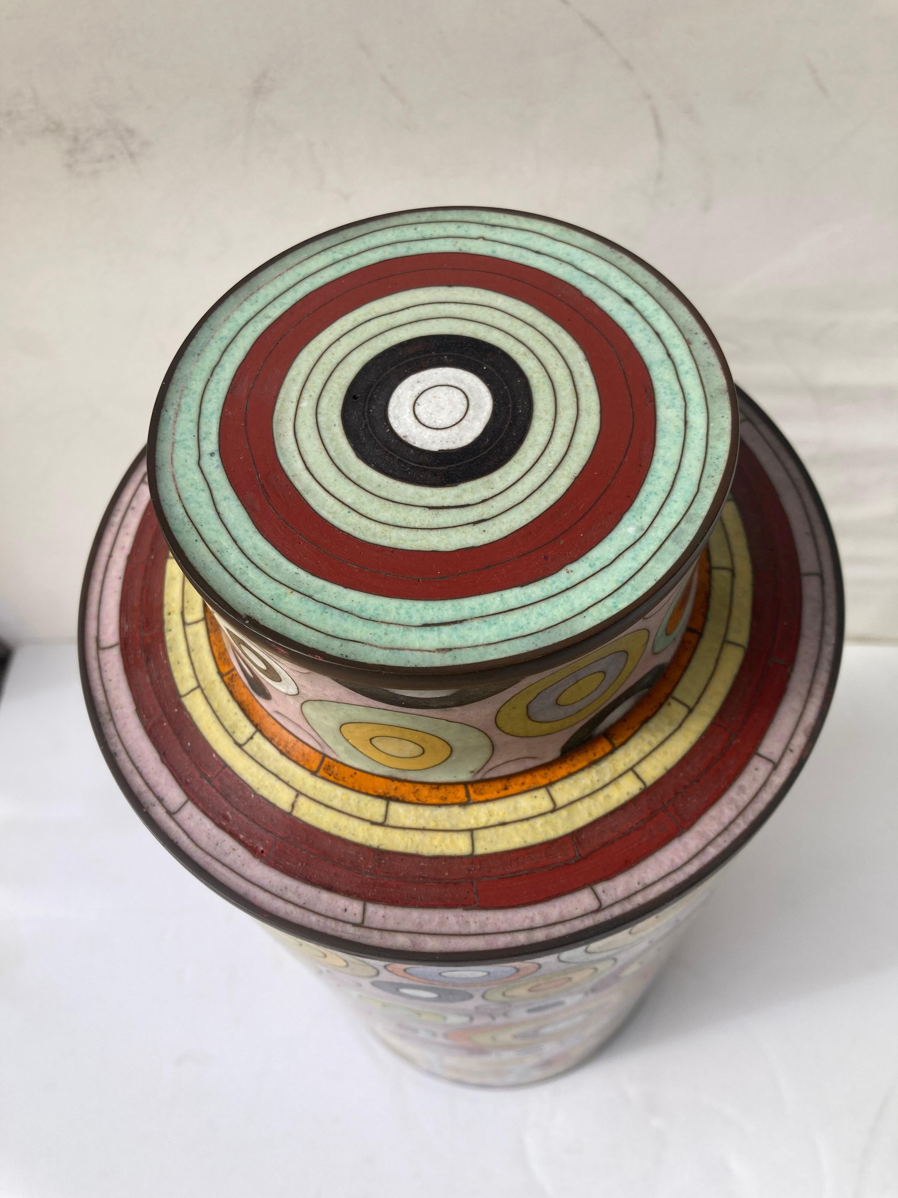 Beautiful metal box / covered jar with enamel, by the well known artist / designer Fabienne Jouvin .