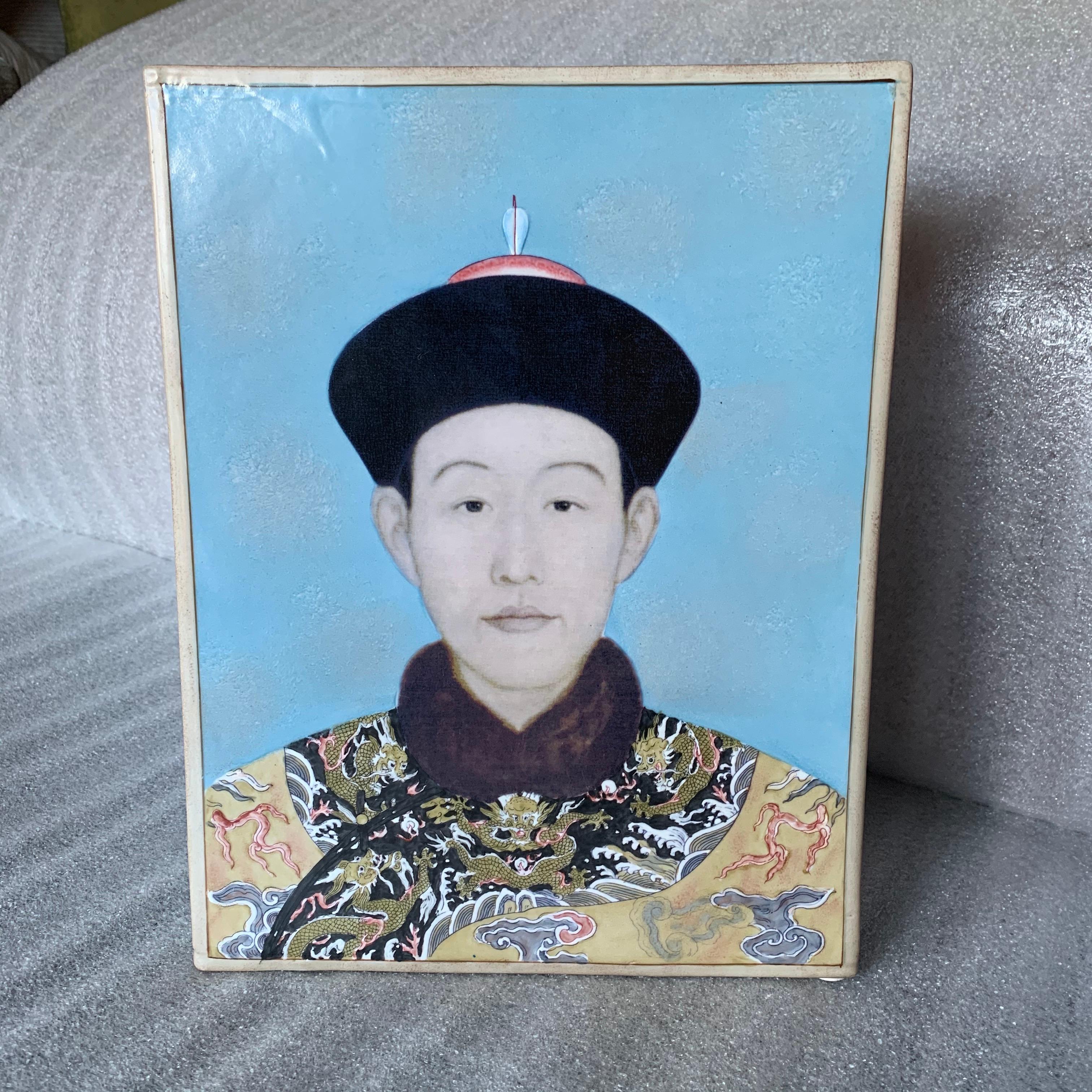 Impressive glazed ceramic vase signed by Fabienne Jouvin on the bottom. This is a beautiful portraiture of the Last Chinese Emperor. The colors are vivid and this ceramic vase is very heavy and divided in three sections.
An accomplished artist and