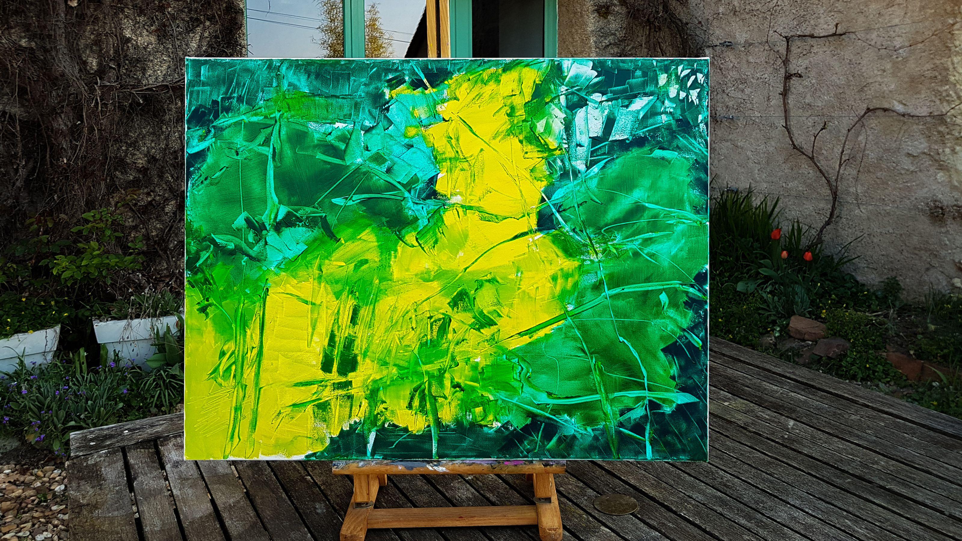 Abstract vibration in yellow and green, Painting, Oil on Canvas - Green Abstract Painting by Fabienne Monestier