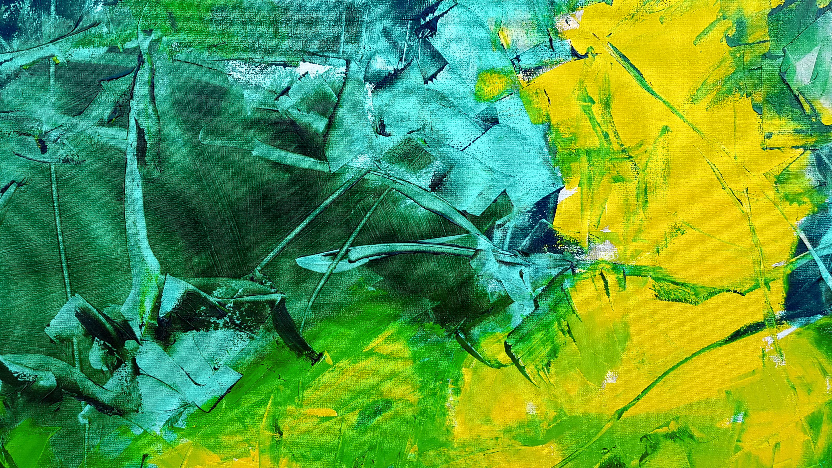 Abstract vibration in yellow and green, Painting, Oil on Canvas 2