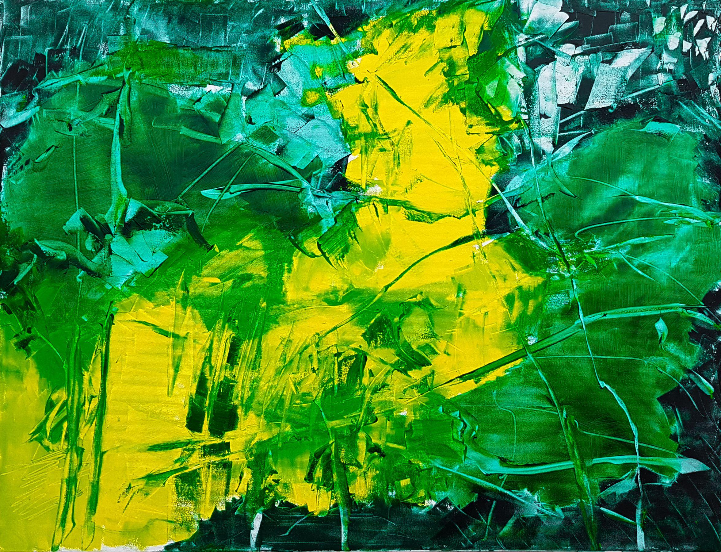 Fabienne Monestier Abstract Painting - Abstract vibration in yellow and green, Painting, Oil on Canvas