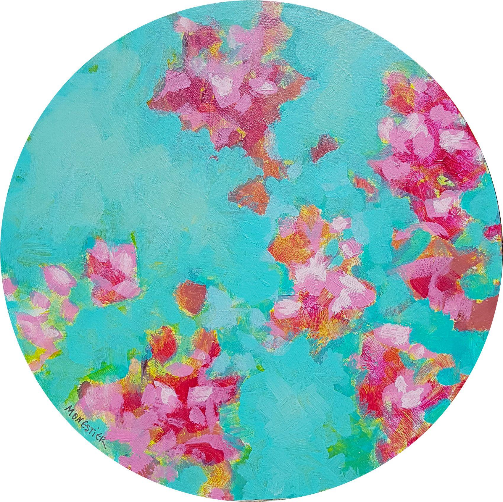 Approach of love", acrylic on round canvas, 40cm diameter.    The tondo is a form of canvas that was used in previous centuries, with the oval form.    Here, the exuberant semi-abstract floral subject fits perfectly to this very decorative and