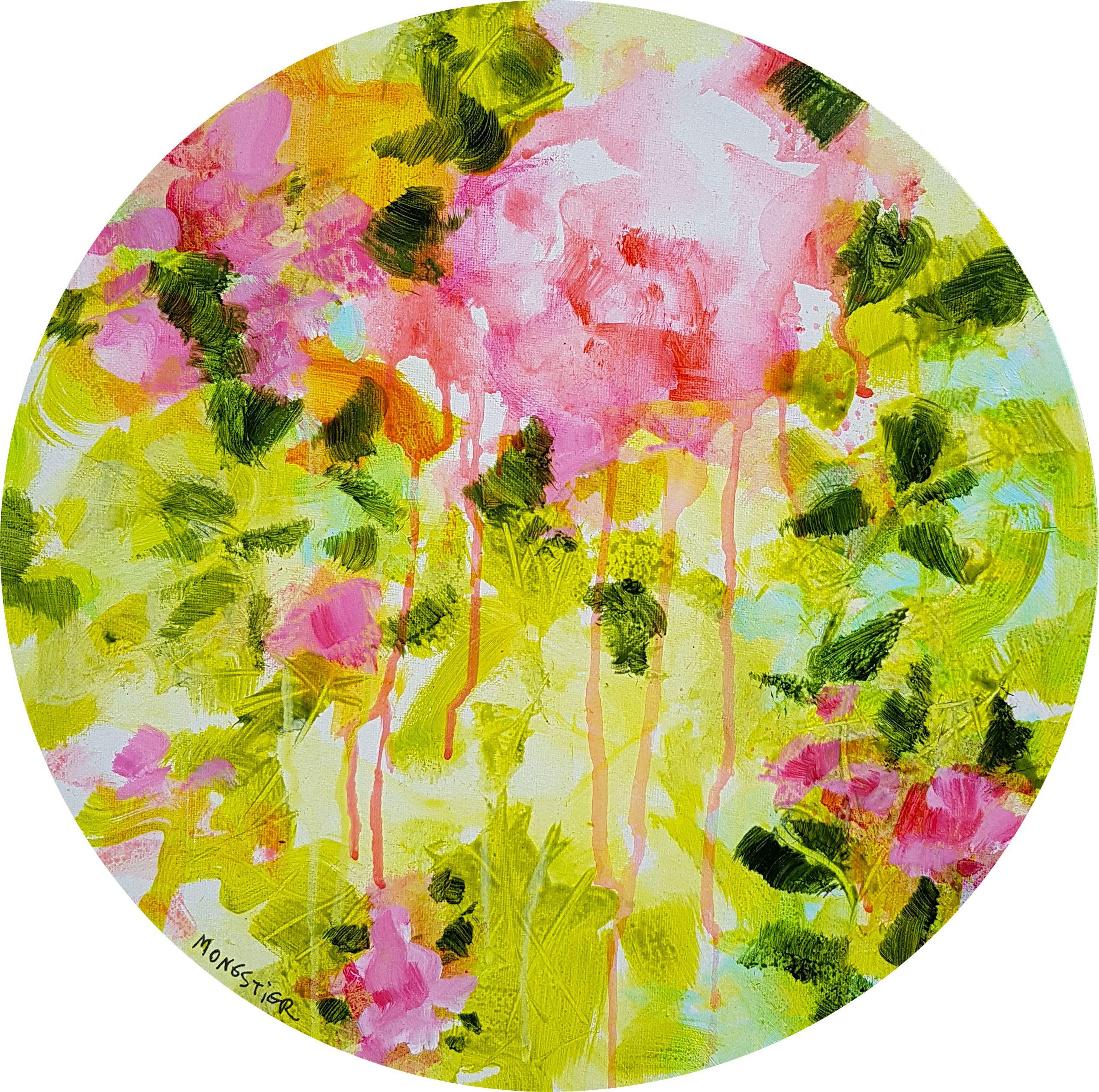 Fabienne Monestier Abstract Painting - Floral poetry nÂ°1 - acrylic on circular canvas, Painting, Acrylic on Canvas