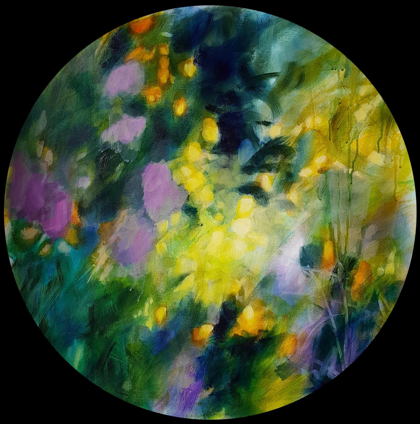 "Memories of secret", acrylic on circular canvas, 70cm Ã¸    An abstract and poetic evocation of nature, foliages, path on the woodland... Forms and shapes playing with colors, lights glow, illuminating a secret path in the forest, like a wonderful