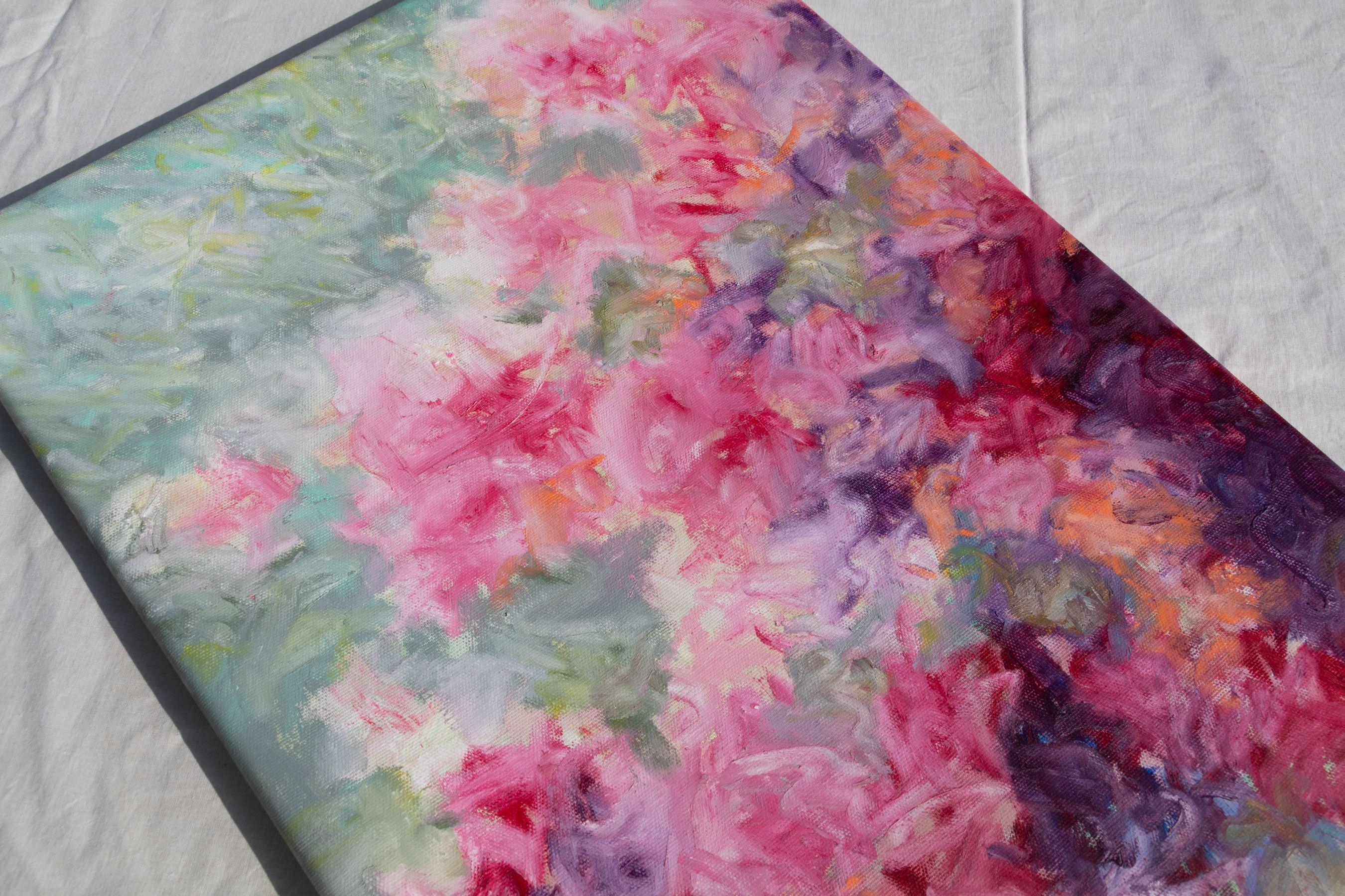 Pink and mint floral, Painting, Oil on Canvas 1