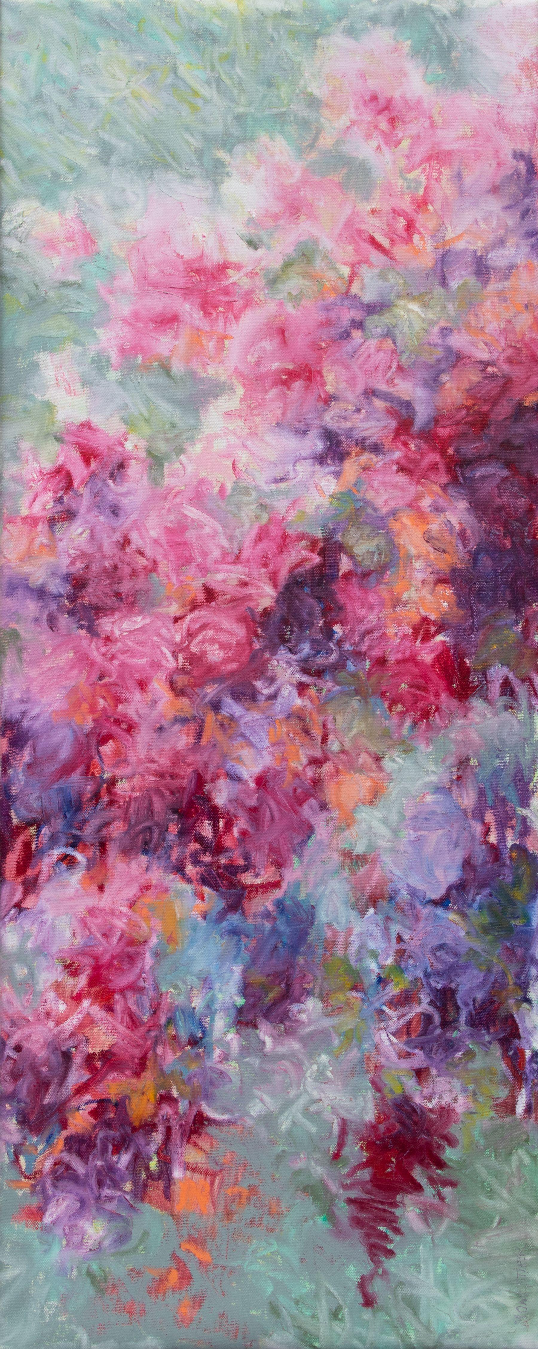Fabienne Monestier Abstract Painting - Pink and mint floral, Painting, Oil on Canvas