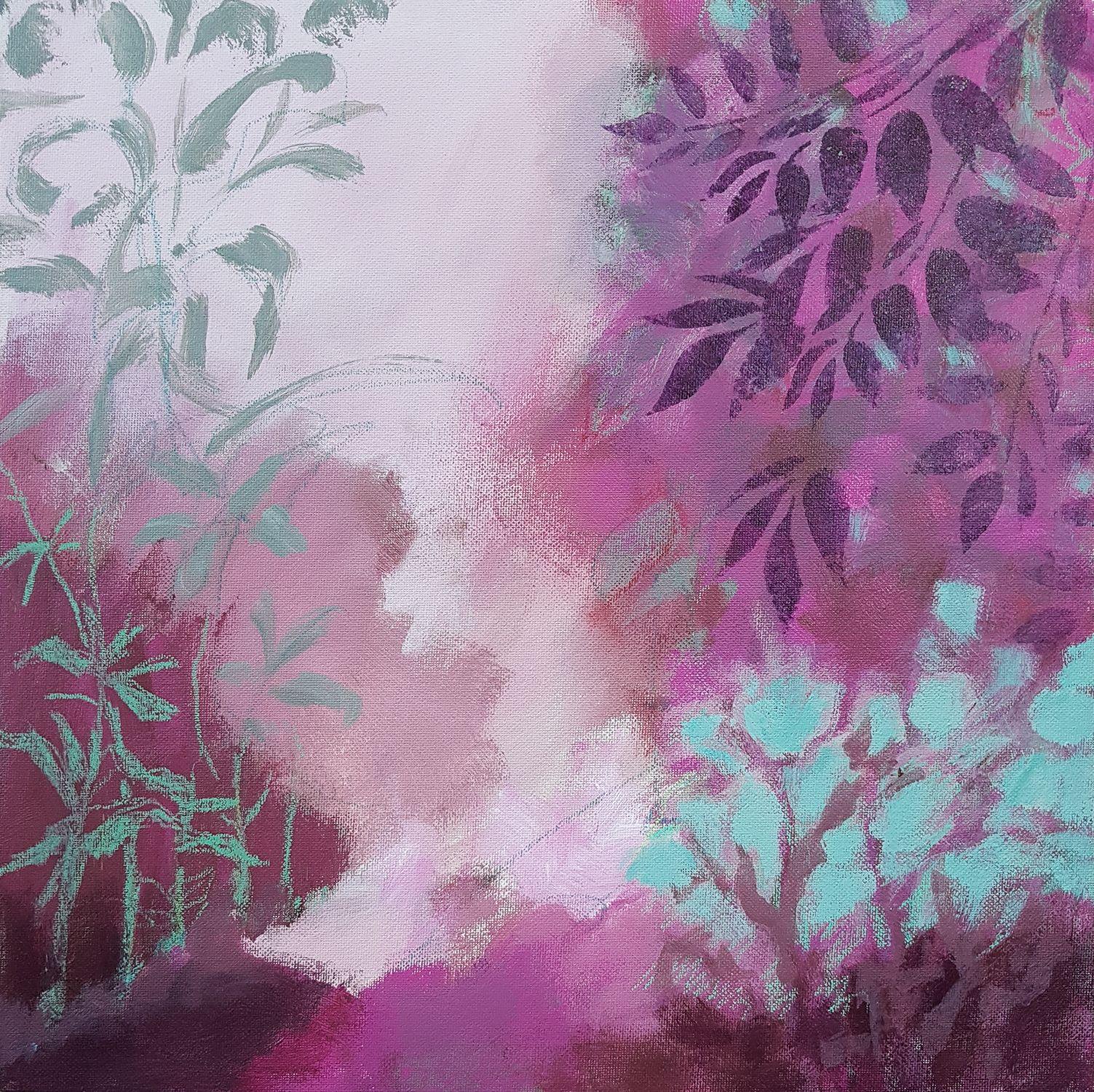 "Pink and turquoise landscape", mixed media on canvas board, 40X40 cm    A stylized declination of a dreamed landscape, in shades of soft colors pink and mauve, embellished with touches of turquoise.     Purple is the color of 2018. I've paired it