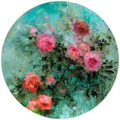 Pompadour tondo Pink roses oil impasto, Painting, Oil on Canvas