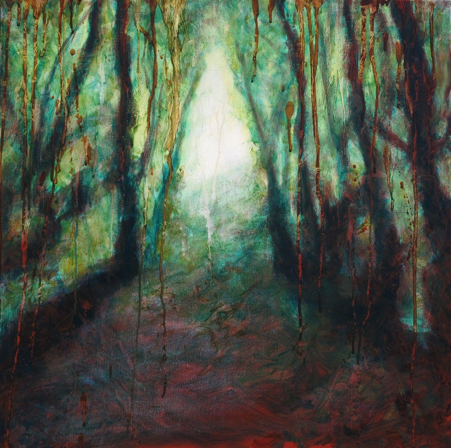 The emerald forest - Oil painting on stretched canvas, 70X70 cm    An imaginary woodland, with shadows, mystery and light through branches under the trees. A kind of weeping forest. From my fairy landscape series.    This is an oil painting with