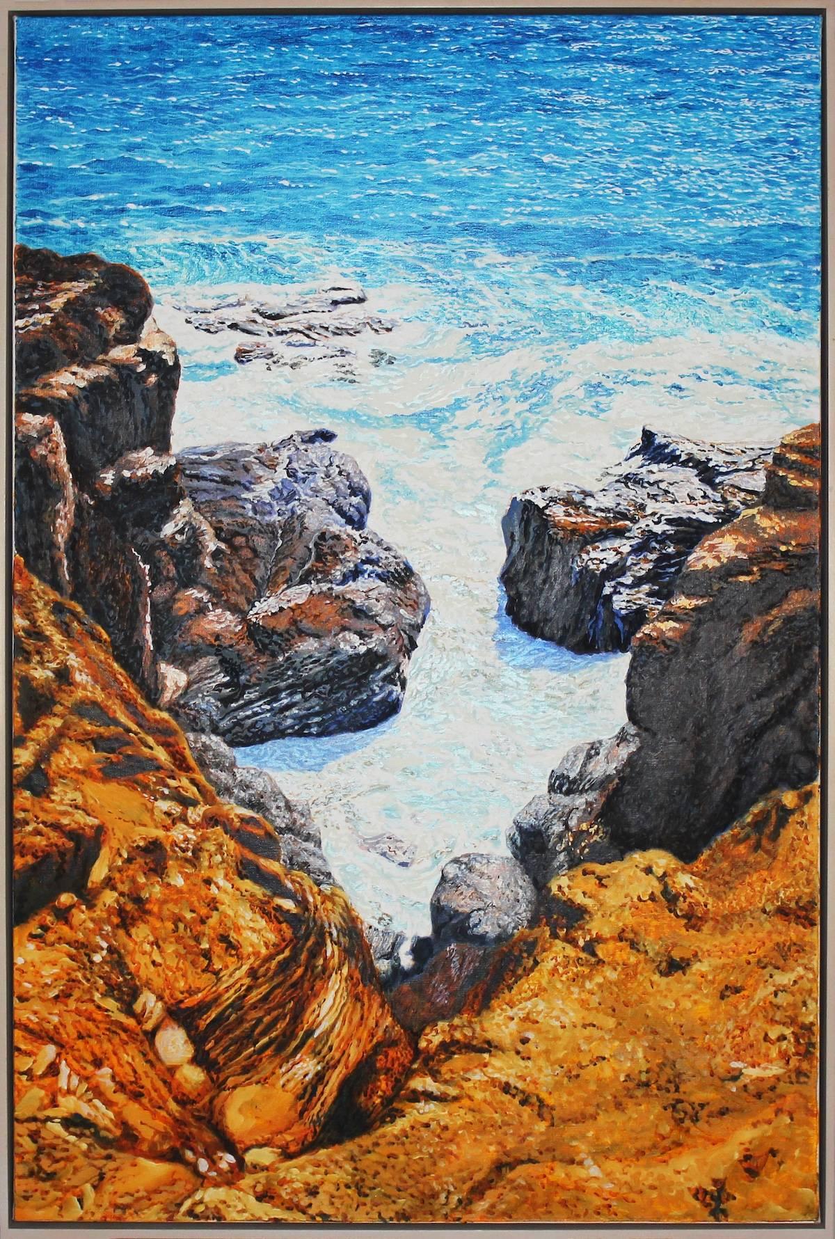 Landscape Painting di Fabio Aguzzi - St. Barth, Paesaggio marino sulla spiaggia con massi