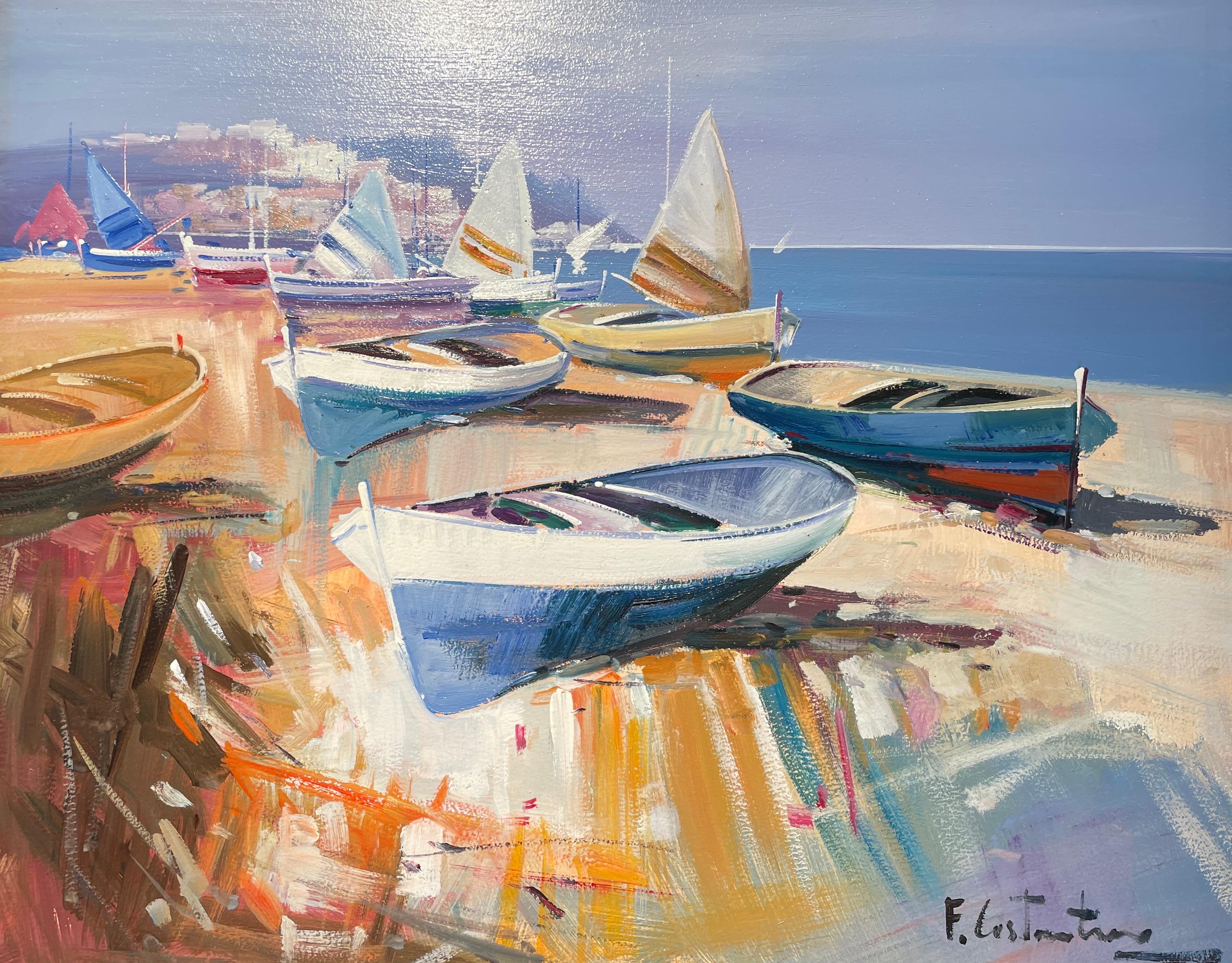 « Boats on the Shore » - Peinture contemporaine colorée représentant des bateaux, du sable et de la mer  - Painting de Fabio Constantino