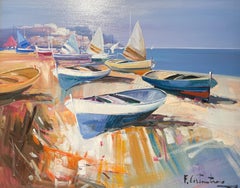 'Boats on the Shore' Contemporary colourful painting of boats, sand and sea