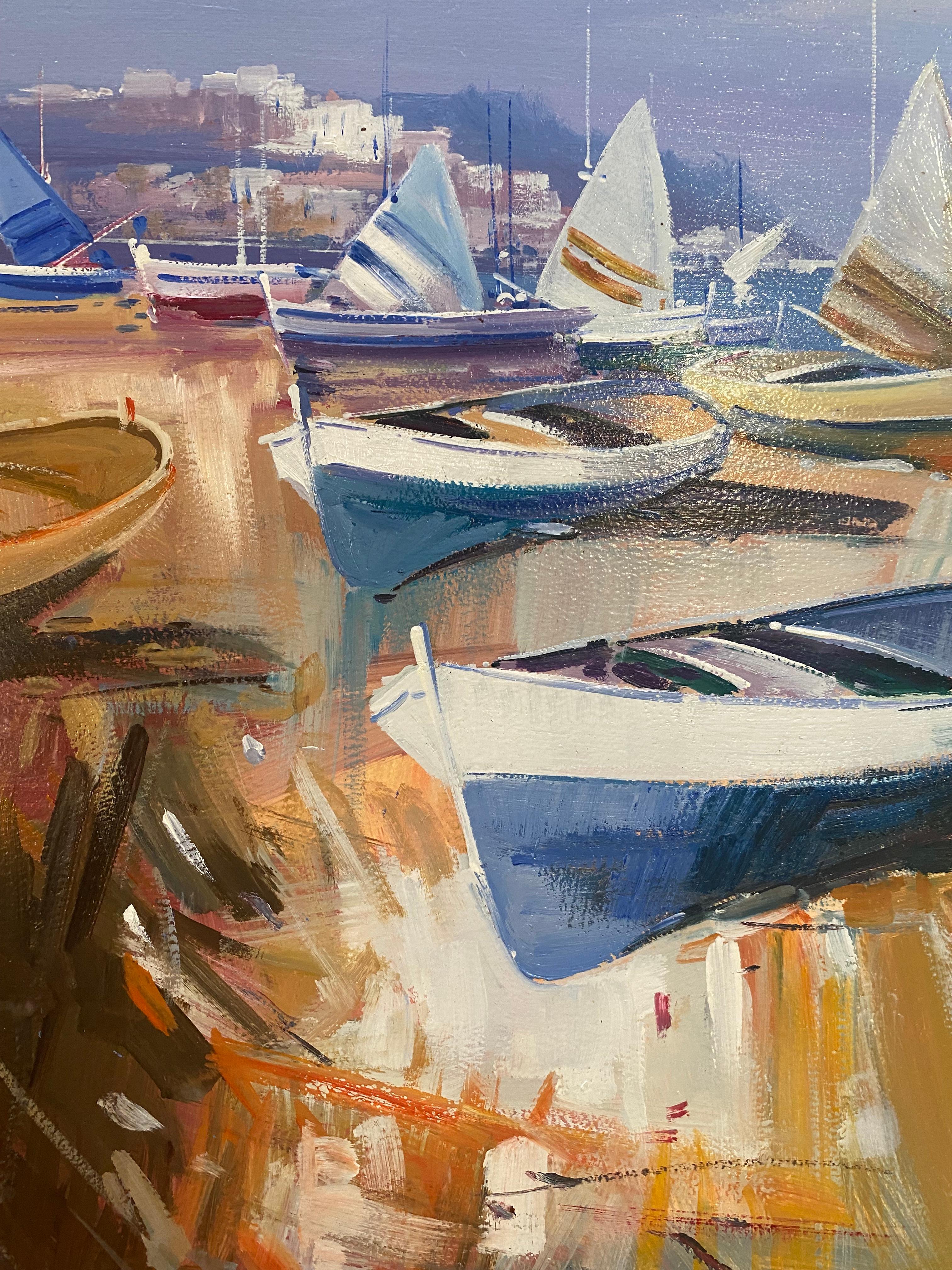 « Boats on the Shore » - Peinture contemporaine colorée représentant des bateaux, du sable et de la mer  - Contemporain Painting par Fabio Constantino