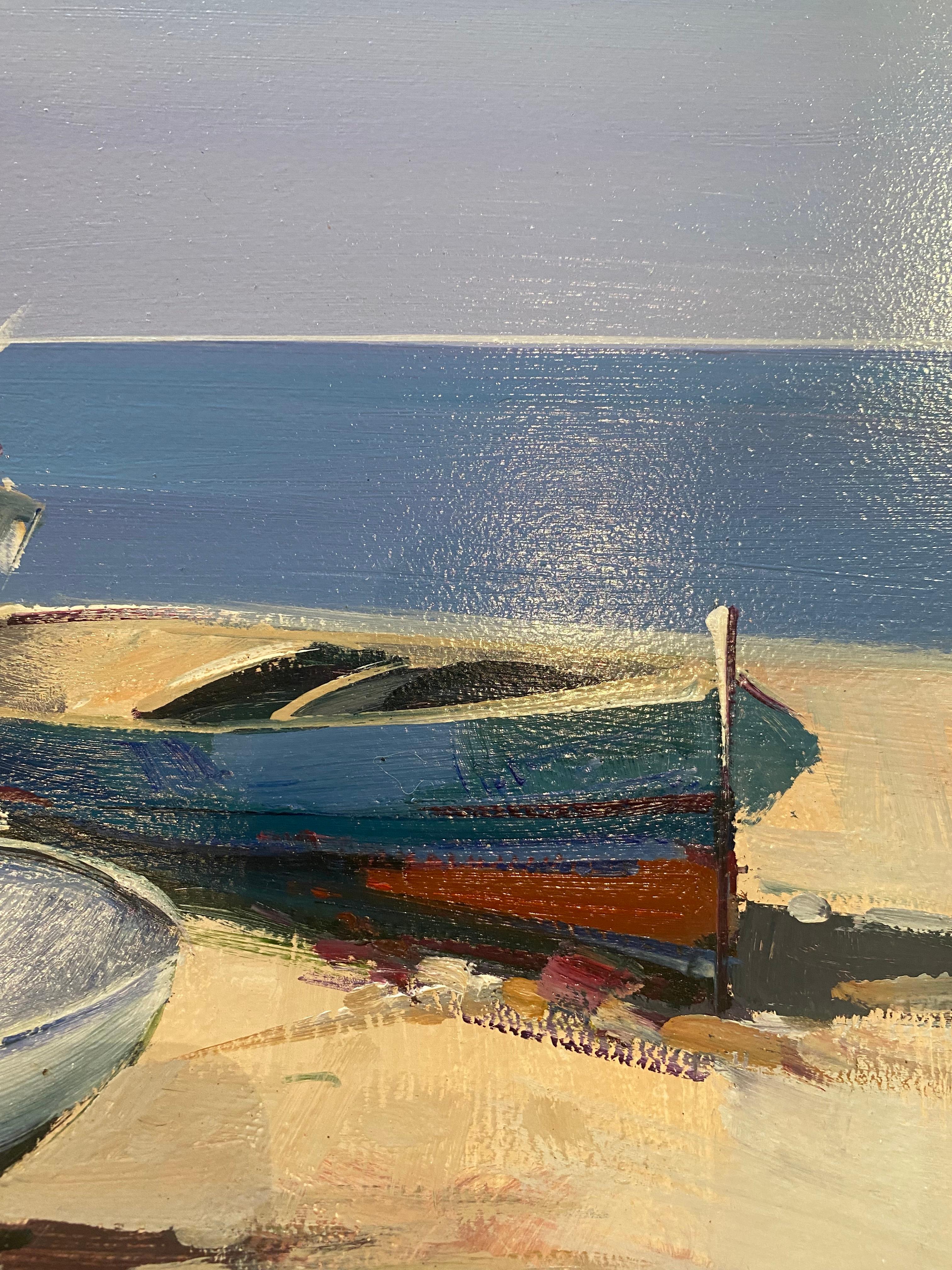 « Boats on the Shore » - Peinture contemporaine colorée représentant des bateaux, du sable et de la mer  - Marron Landscape Painting par Fabio Constantino