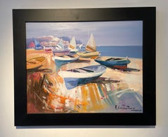'Boats on the Shore' Contemporary colourful painting of boats, sand and sea 