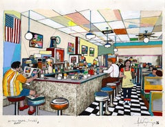 American Diner - Colorful Figurative Still Life Mixed Media Artwork on Paper