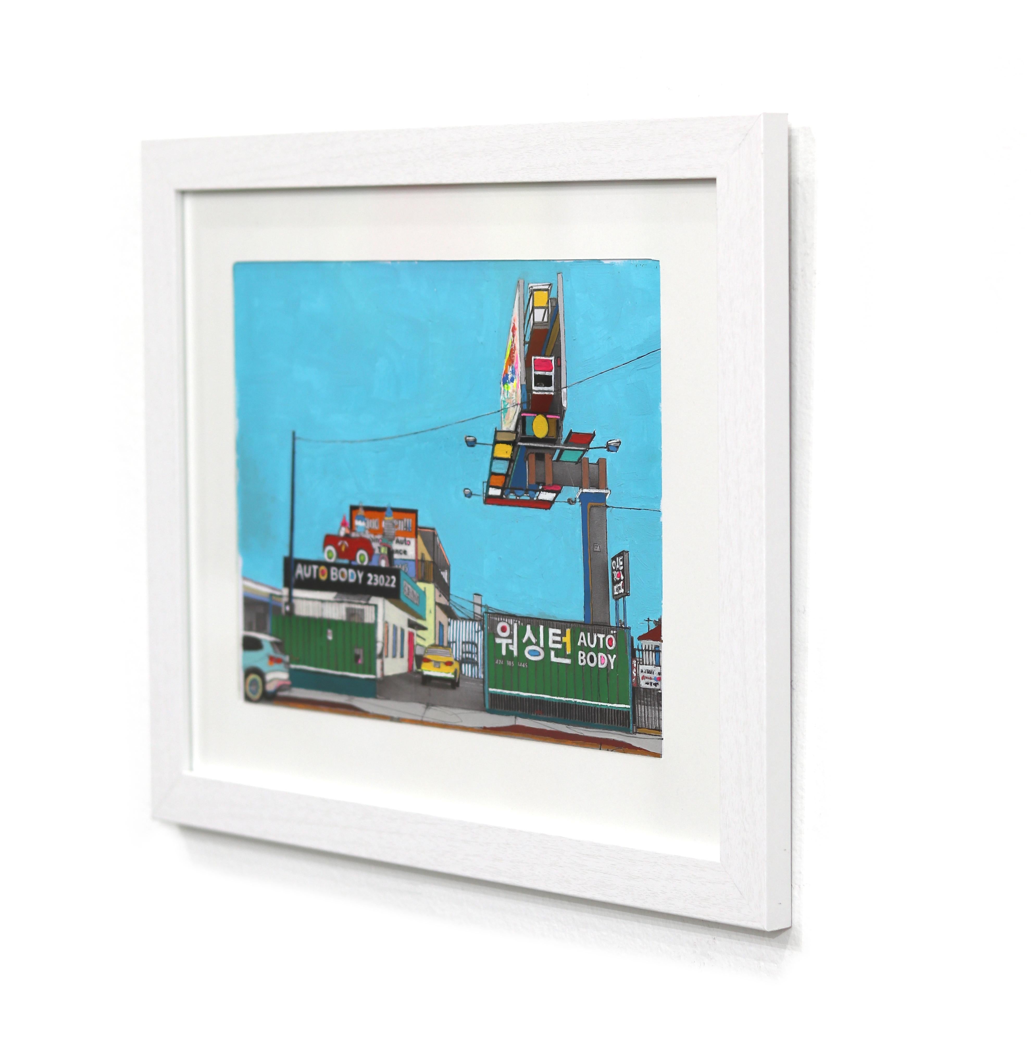 Autobody, Torrance - Original lebhaftes, farbenfrohes urbanes Stillleben mit blauem Himmelskunstwerk (Blau), Still-Life Painting, von Fabio Coruzzi
