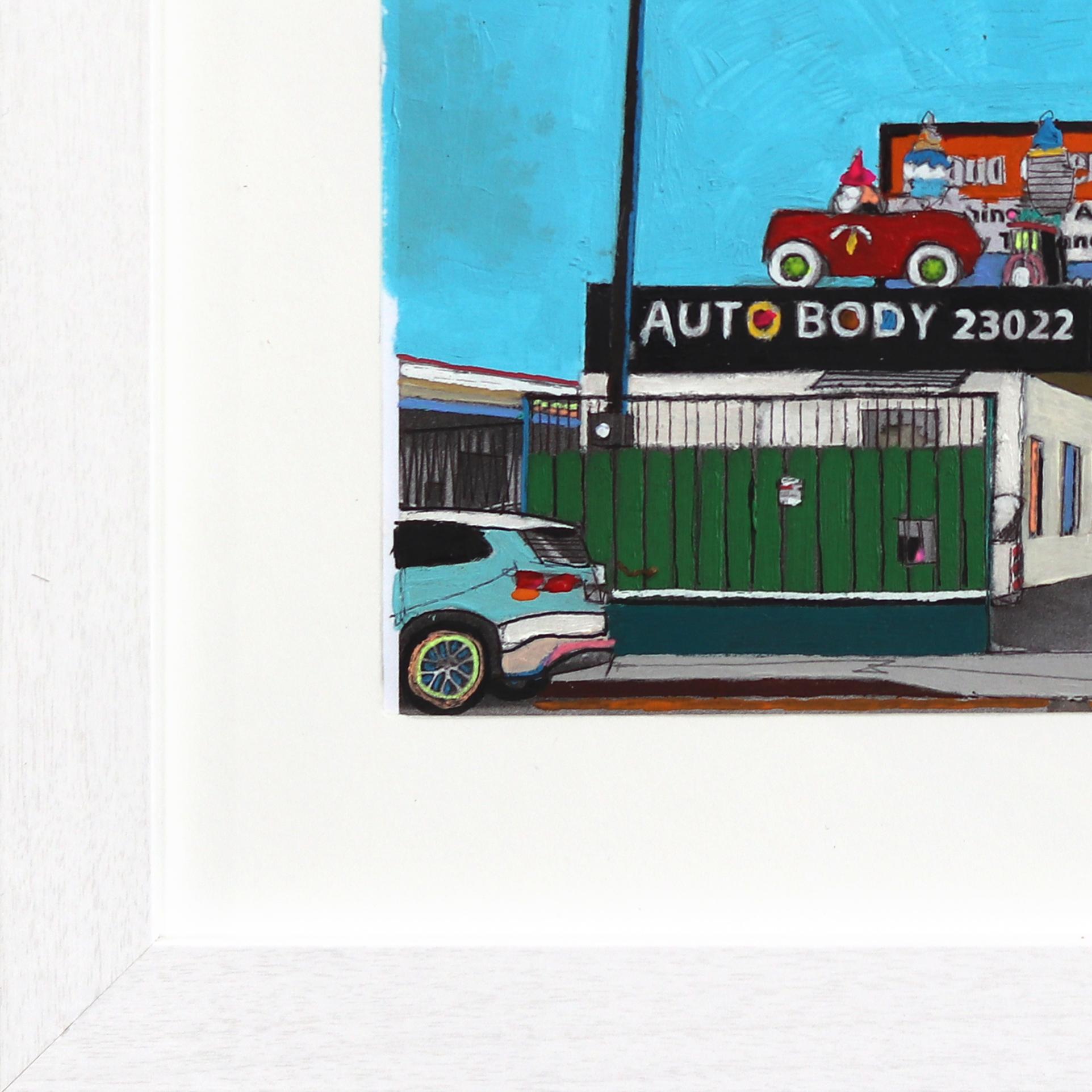 Autobody, Torrance - Original lebhaftes, farbenfrohes urbanes Stillleben mit blauem Himmelskunstwerk im Angebot 3
