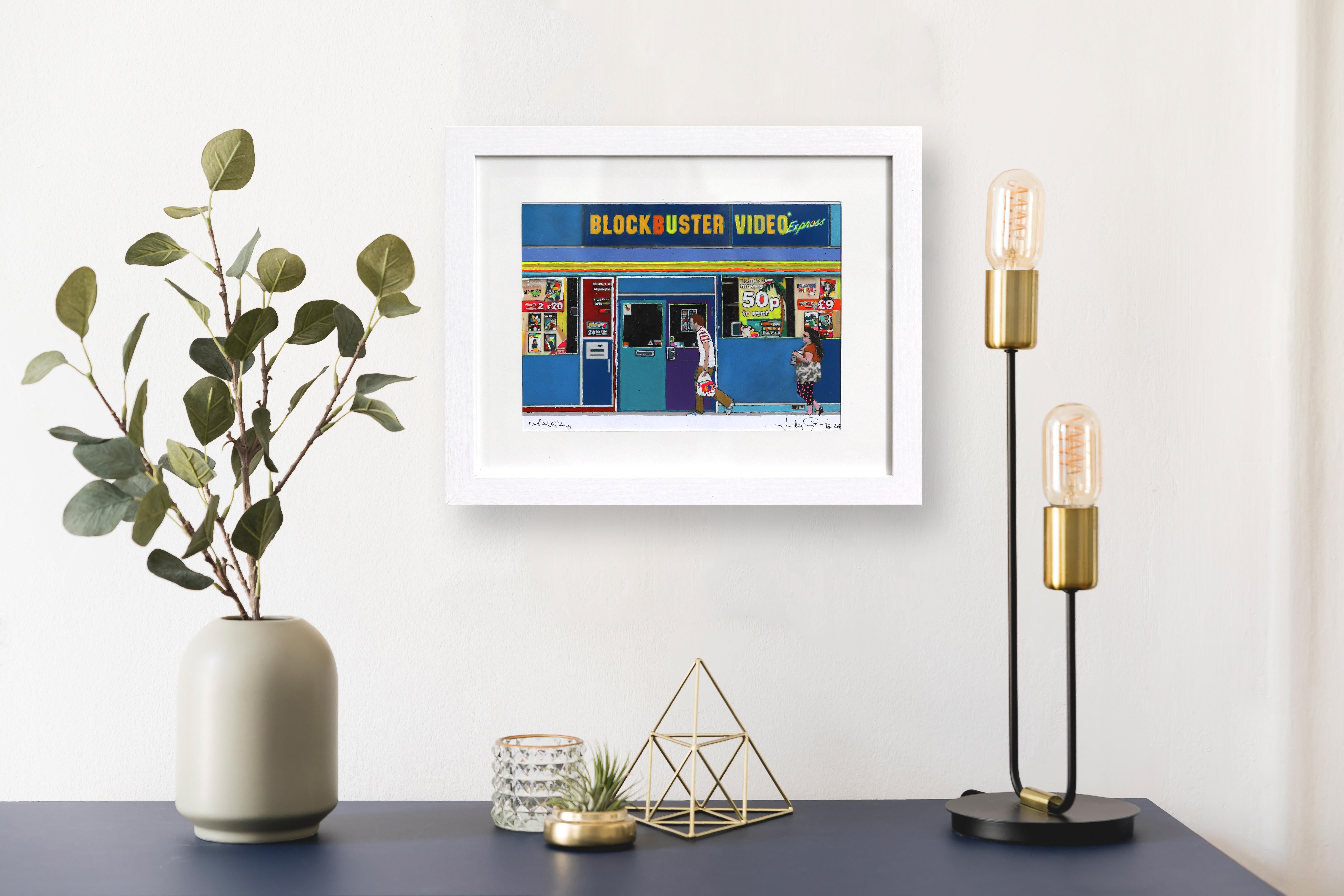 Blue Nostalgia - Original Vibrant Figurative Store Front Still Life Pop Artwork - Painting by Fabio Coruzzi