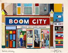 Boom City, London - Original Figurative Abstract Color Drenched Mixed Media Art