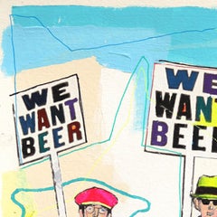Demand (We Want Beer) – Abstrakte, farbenfrohe, figurative Mischtechnik-Kunst auf Papier