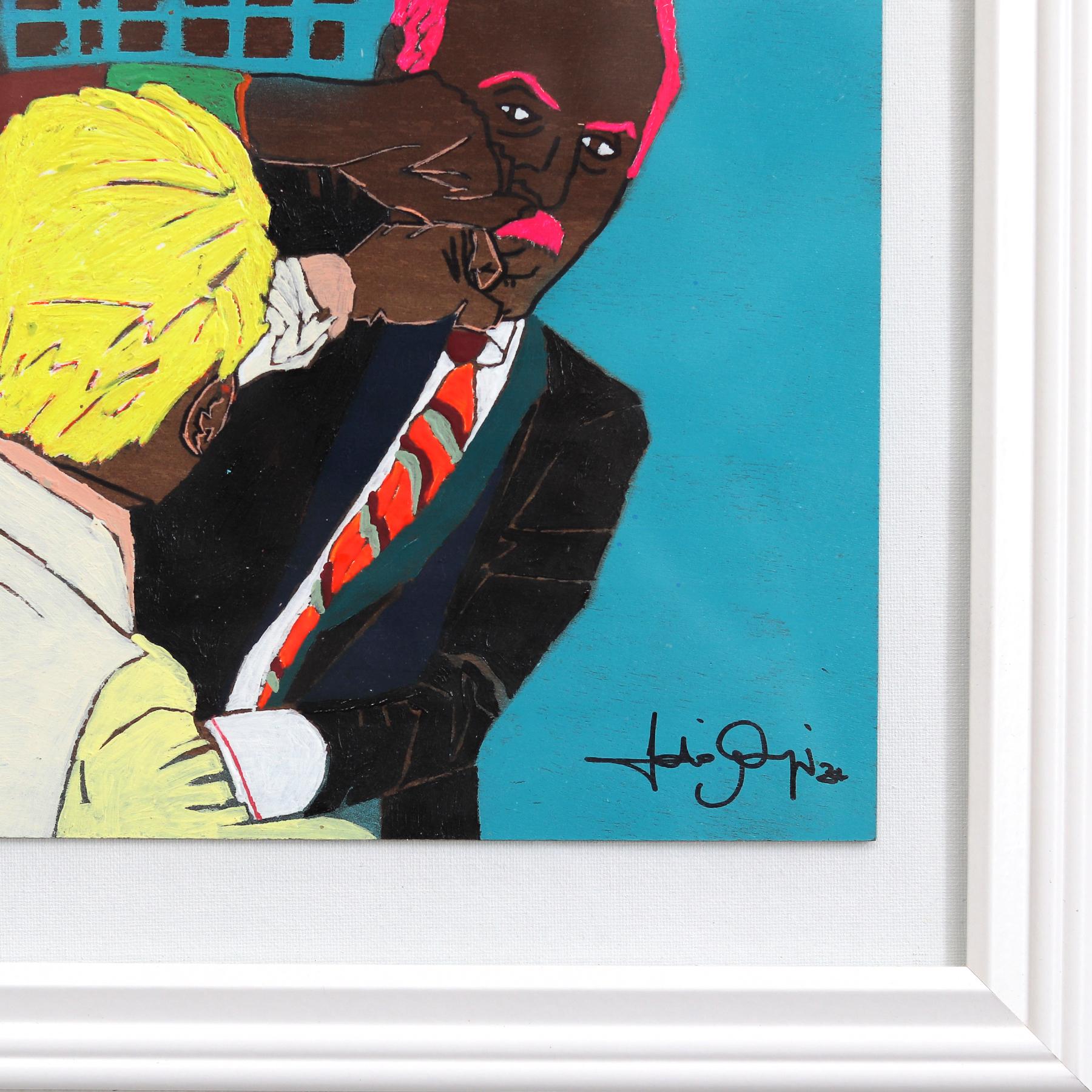 Disagreement - Original farbenfrohe lebendige figurative gemischte Medien texturale Kunstwerk im Angebot 3