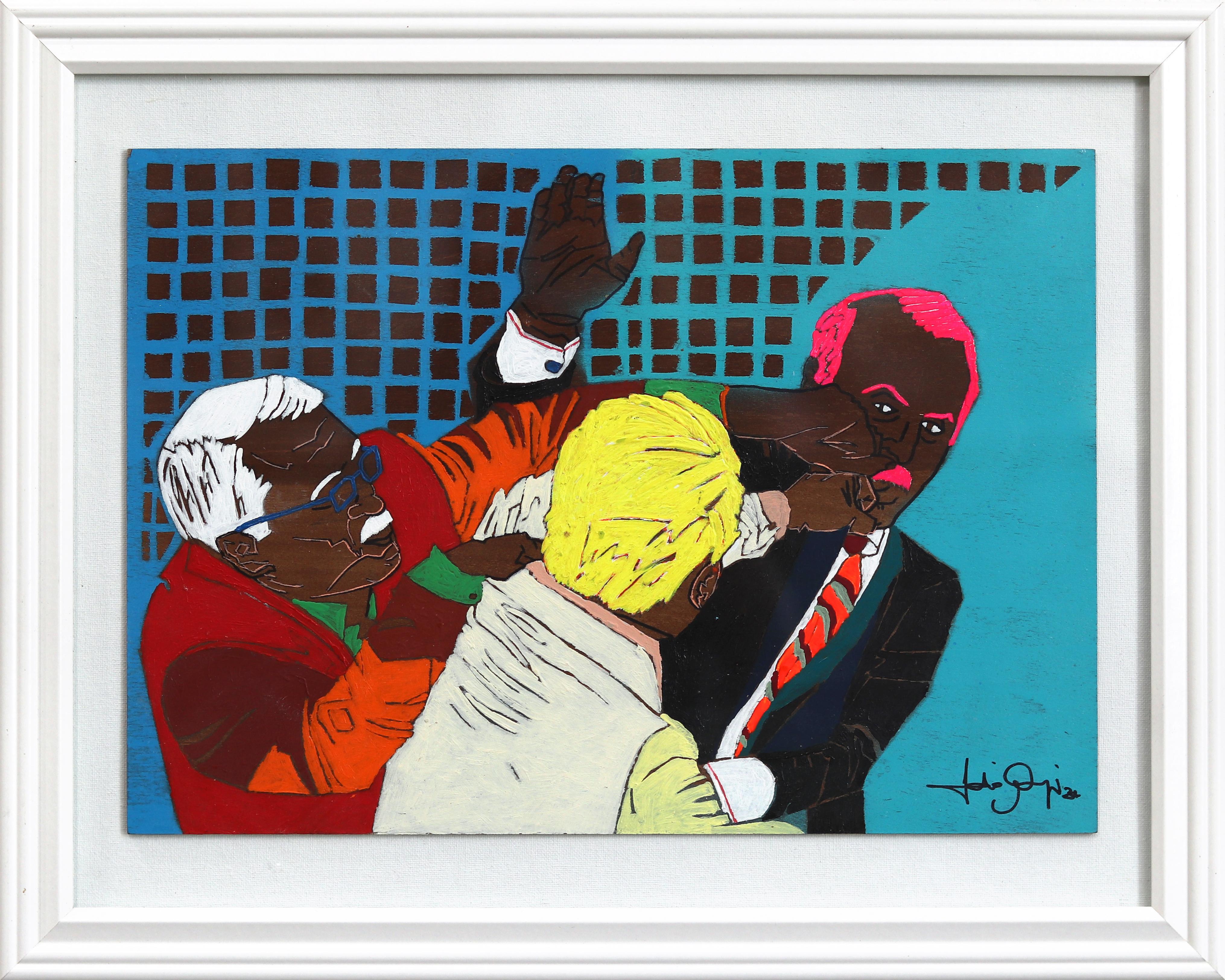 Fabio Coruzzi Figurative Painting – Disagreement - Original farbenfrohe lebendige figurative gemischte Medien texturale Kunstwerk