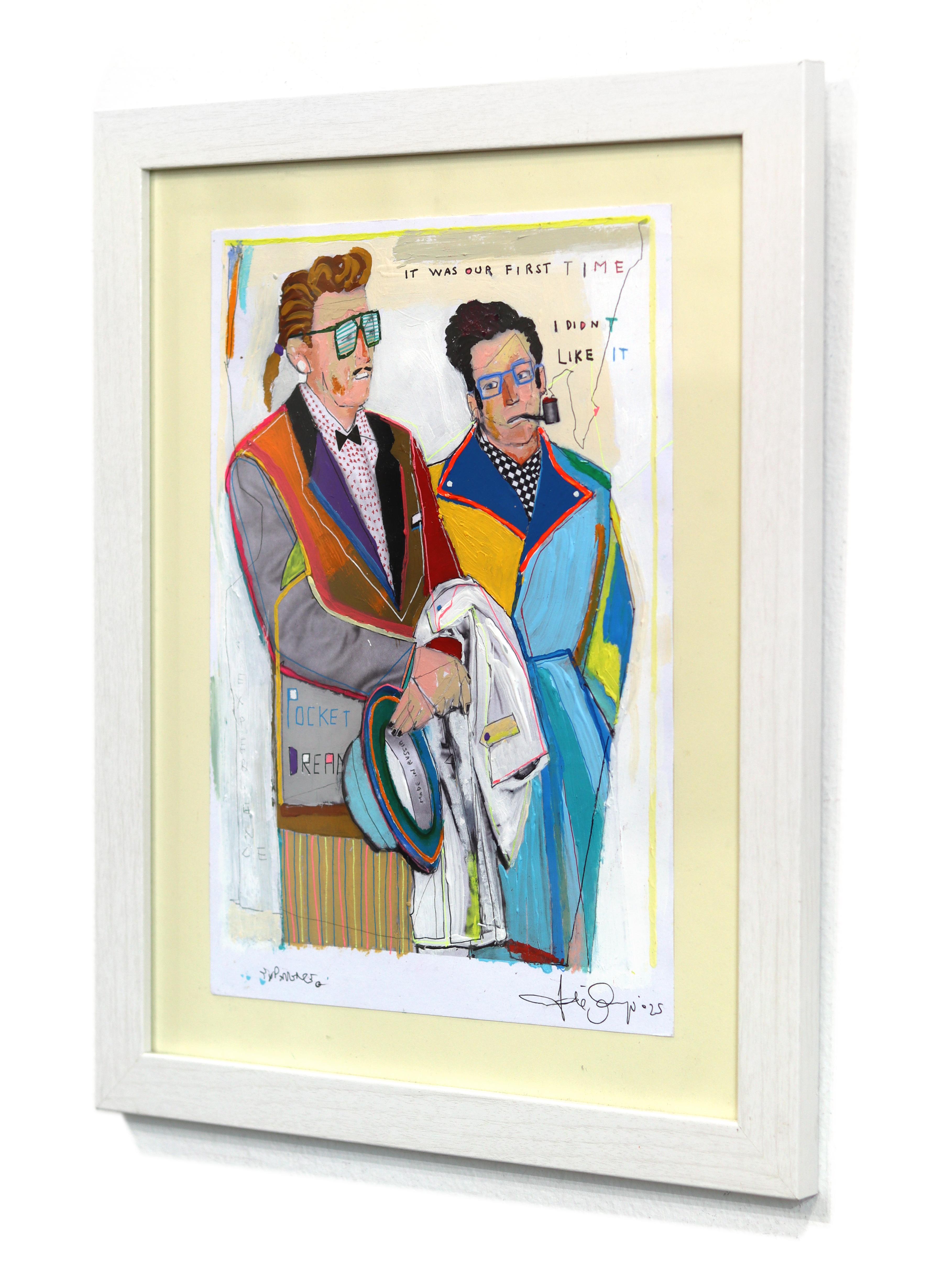 Experience - Original farbenfrohe skurrile figurative gemischte Medien gerahmt Kunstwerk im Angebot 1