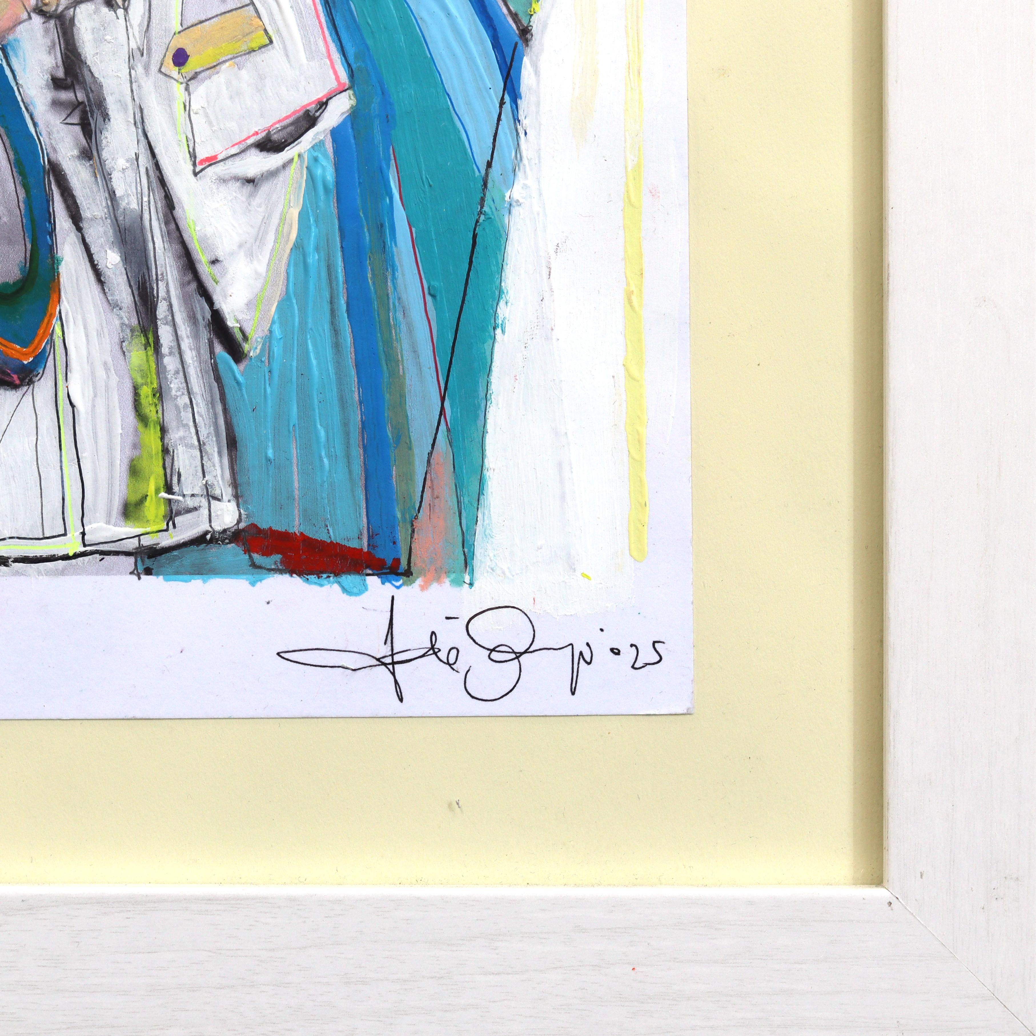 Experience - Original farbenfrohe skurrile figurative gemischte Medien gerahmt Kunstwerk im Angebot 5