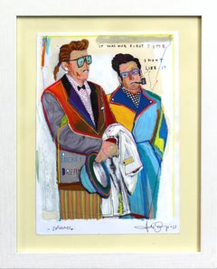 Expérience - Œuvre d'art encadrée originale, colorée, excentrique et figurative, en techniques mixtes