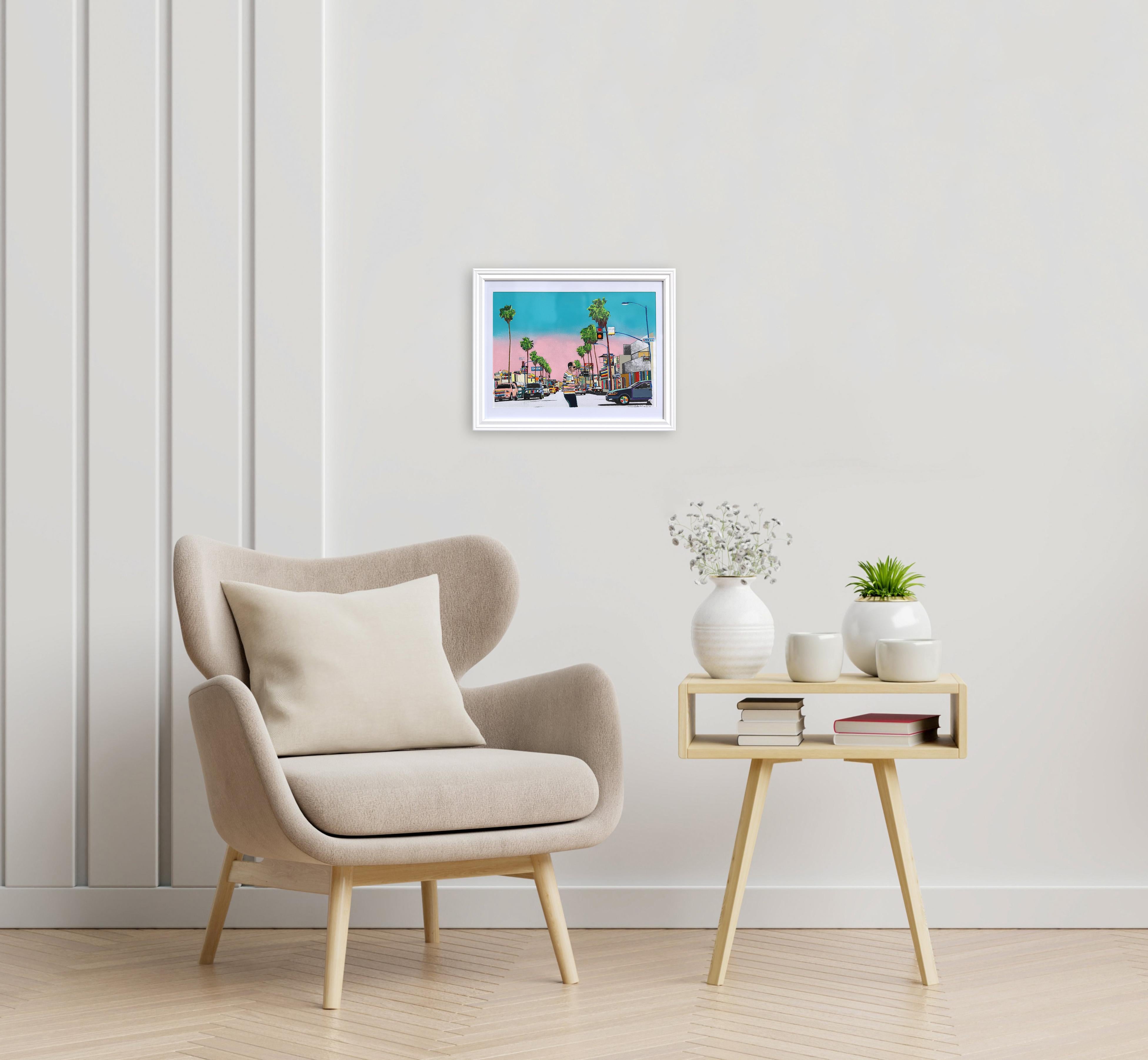 Fairfax Avenue – Originales farbenfrohes, figuratives Stillleben-Kunstwerk mit Sonnenuntergang in der Stadt (Pop-Art), Mixed Media Art, von Fabio Coruzzi