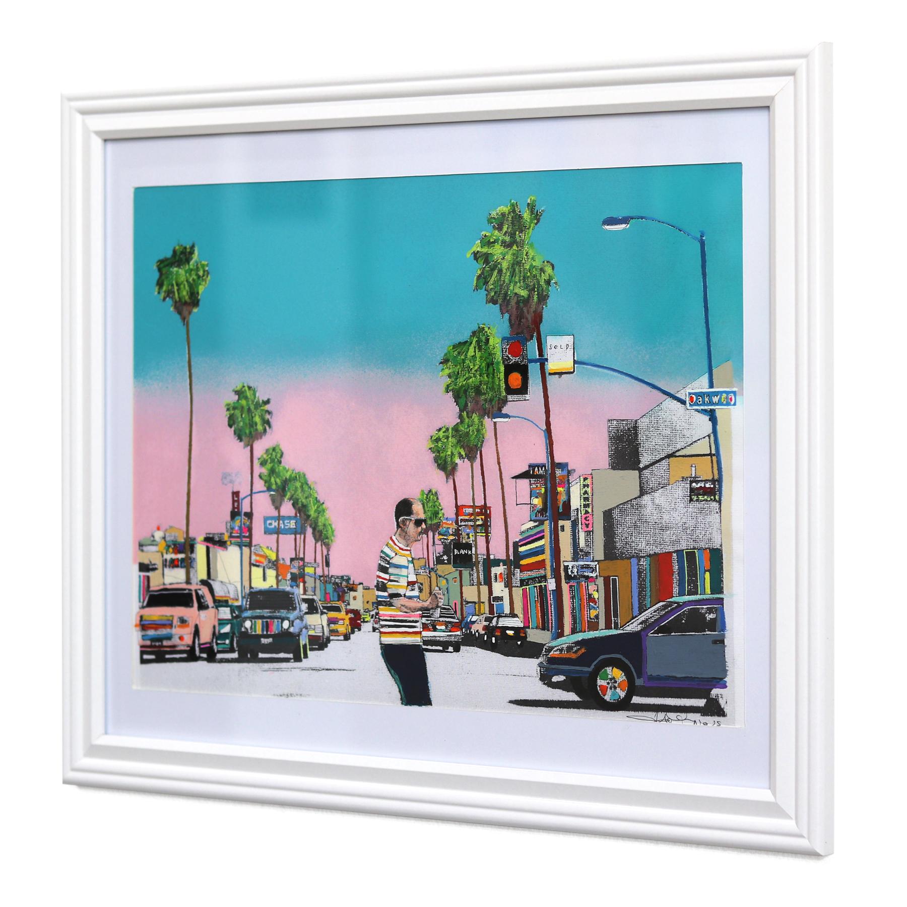 Fairfax Avenue – Originales farbenfrohes, figuratives Stillleben-Kunstwerk mit Sonnenuntergang in der Stadt im Angebot 1