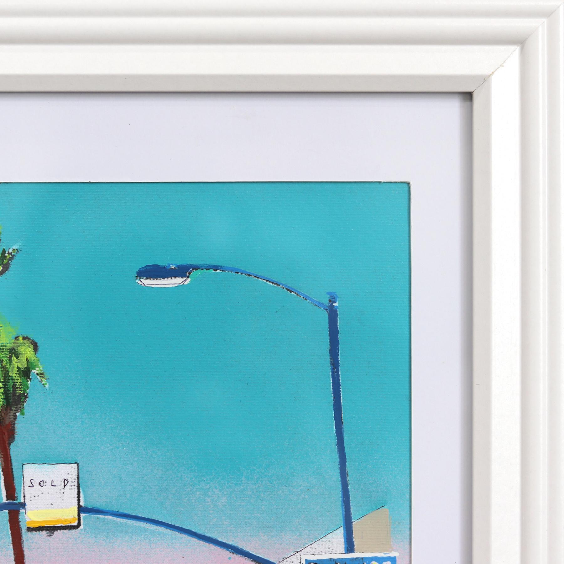 Fairfax Avenue – Originales farbenfrohes, figuratives Stillleben-Kunstwerk mit Sonnenuntergang in der Stadt im Angebot 2