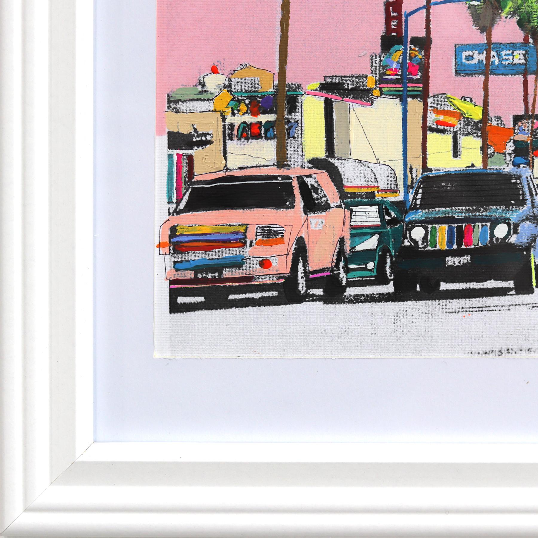 Fairfax Avenue – Originales farbenfrohes, figuratives Stillleben-Kunstwerk mit Sonnenuntergang in der Stadt im Angebot 4