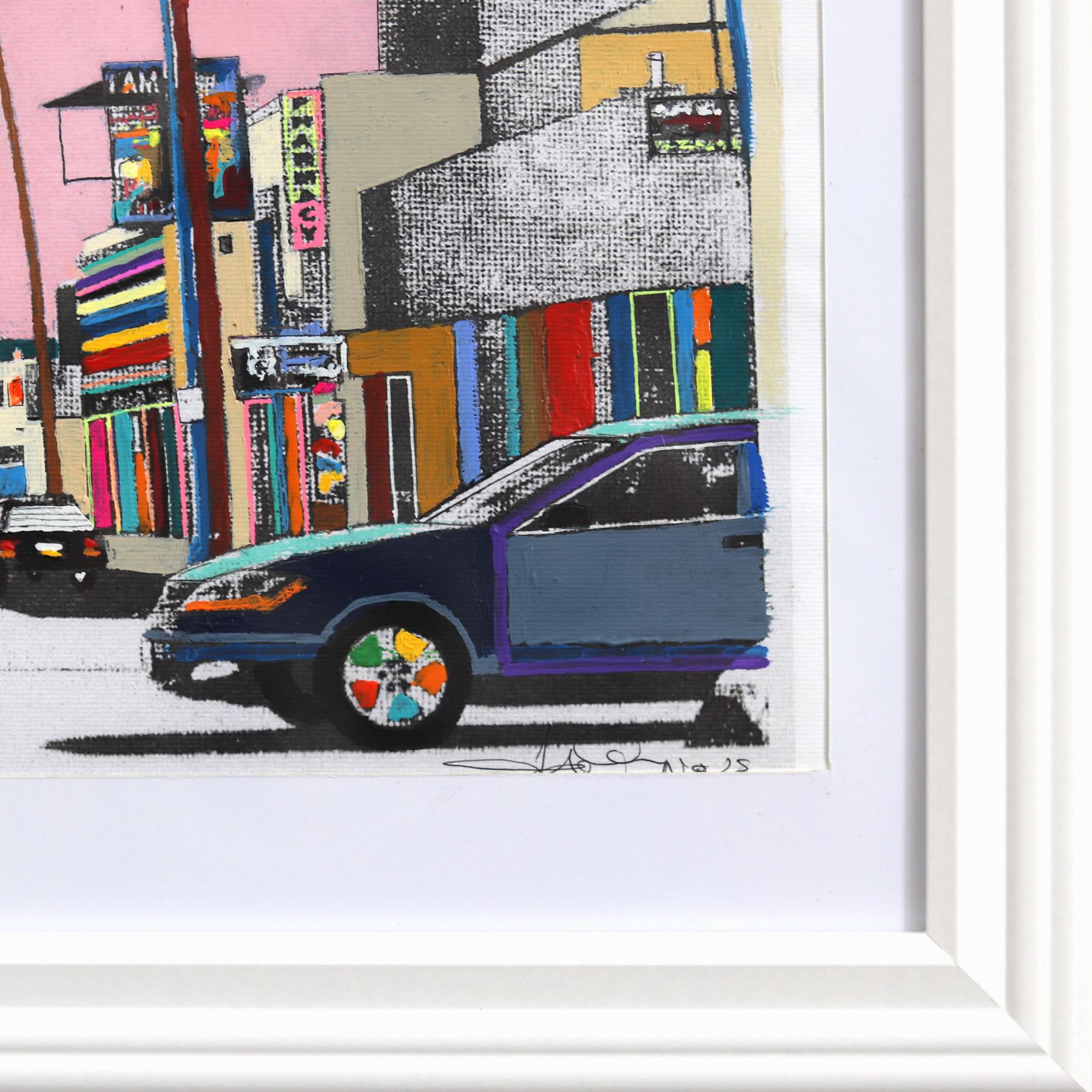 Fairfax Avenue – Originales farbenfrohes, figuratives Stillleben-Kunstwerk mit Sonnenuntergang in der Stadt im Angebot 5