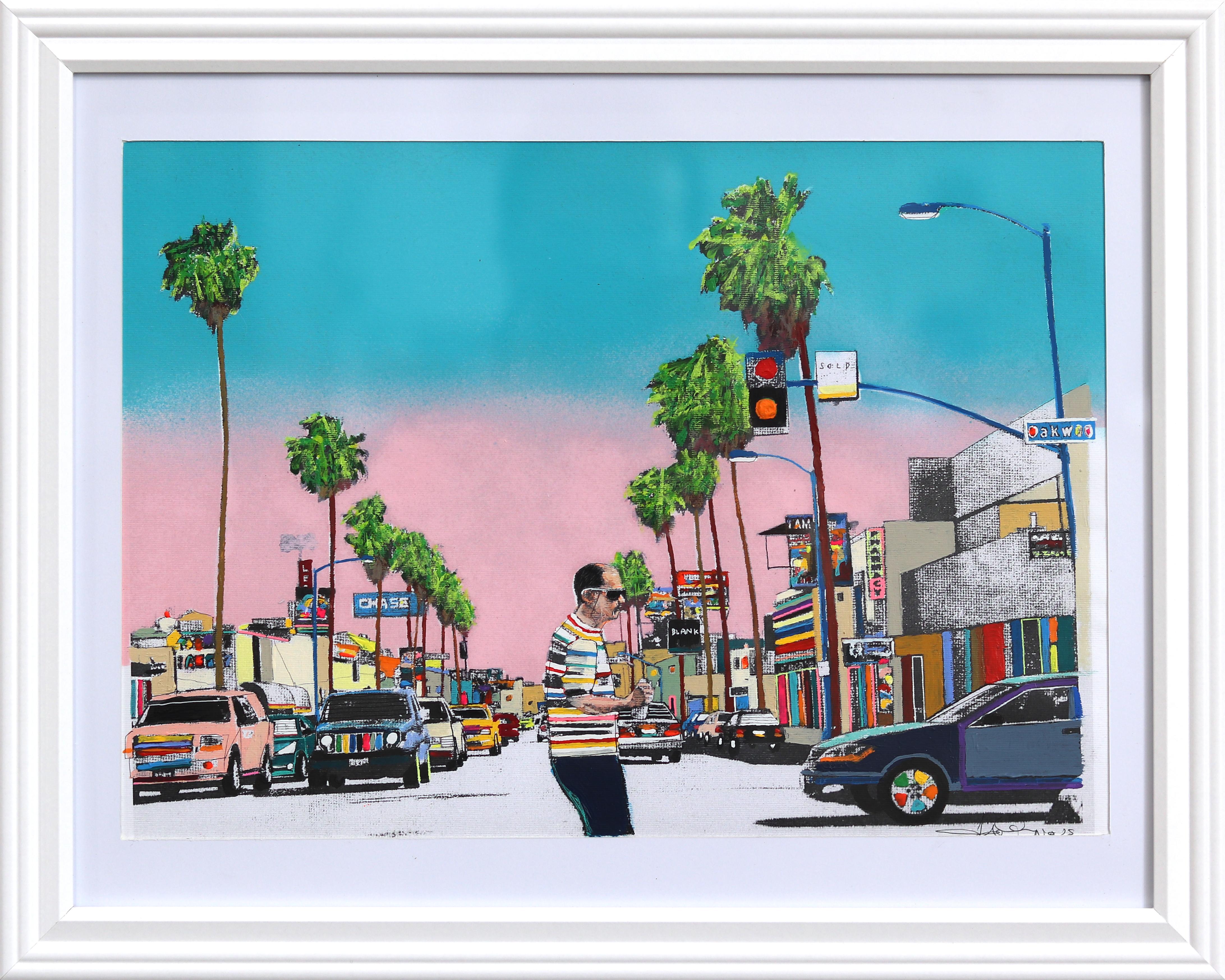 Fairfax Avenue - Oeuvre d'art originale de nature morte figurative urbaine colorée au coucher du soleil