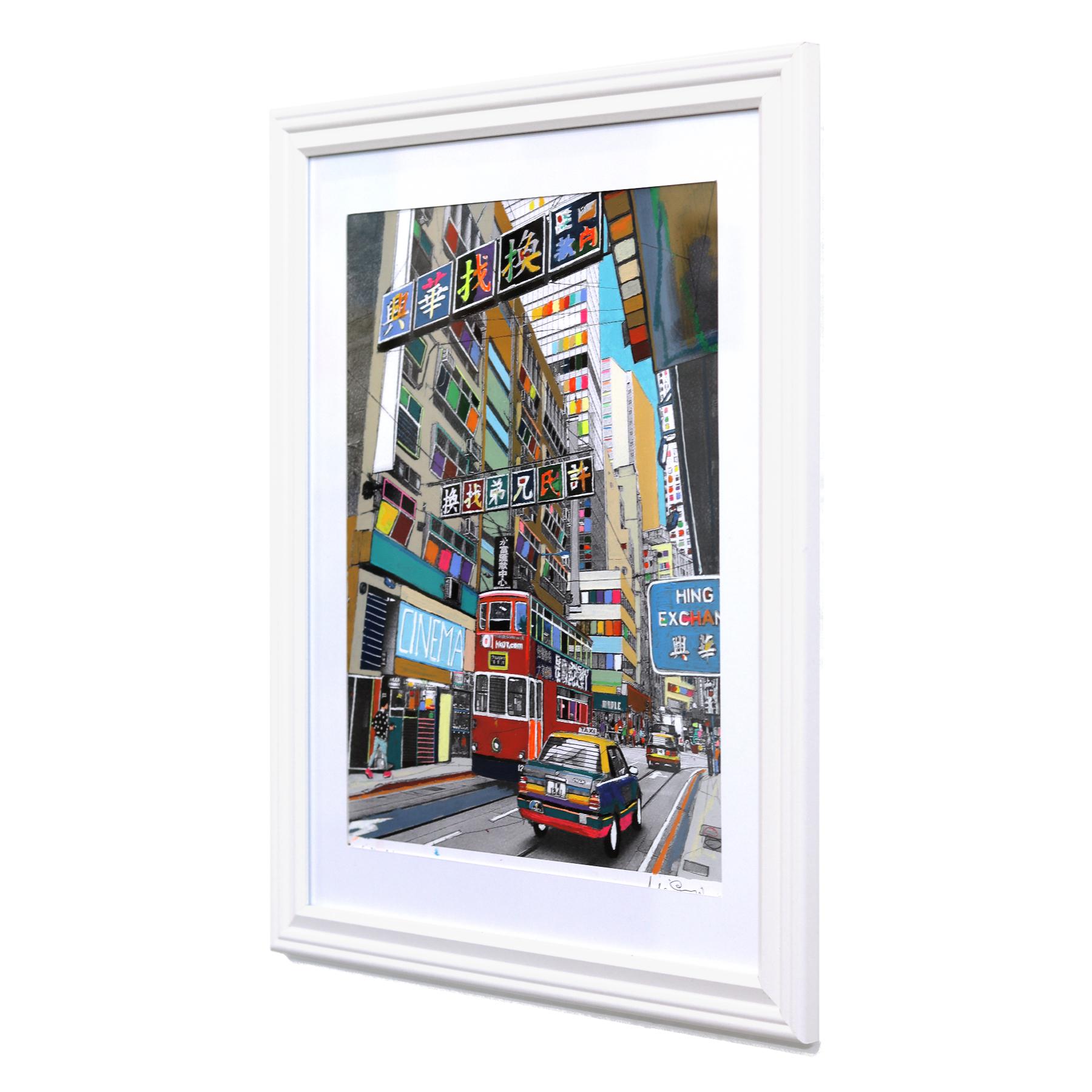 Schneller Blick Hongkong - Original bunte Stadt Stillleben gemischte Medien Kunstwerk (Grau), Still-Life Painting, von Fabio Coruzzi