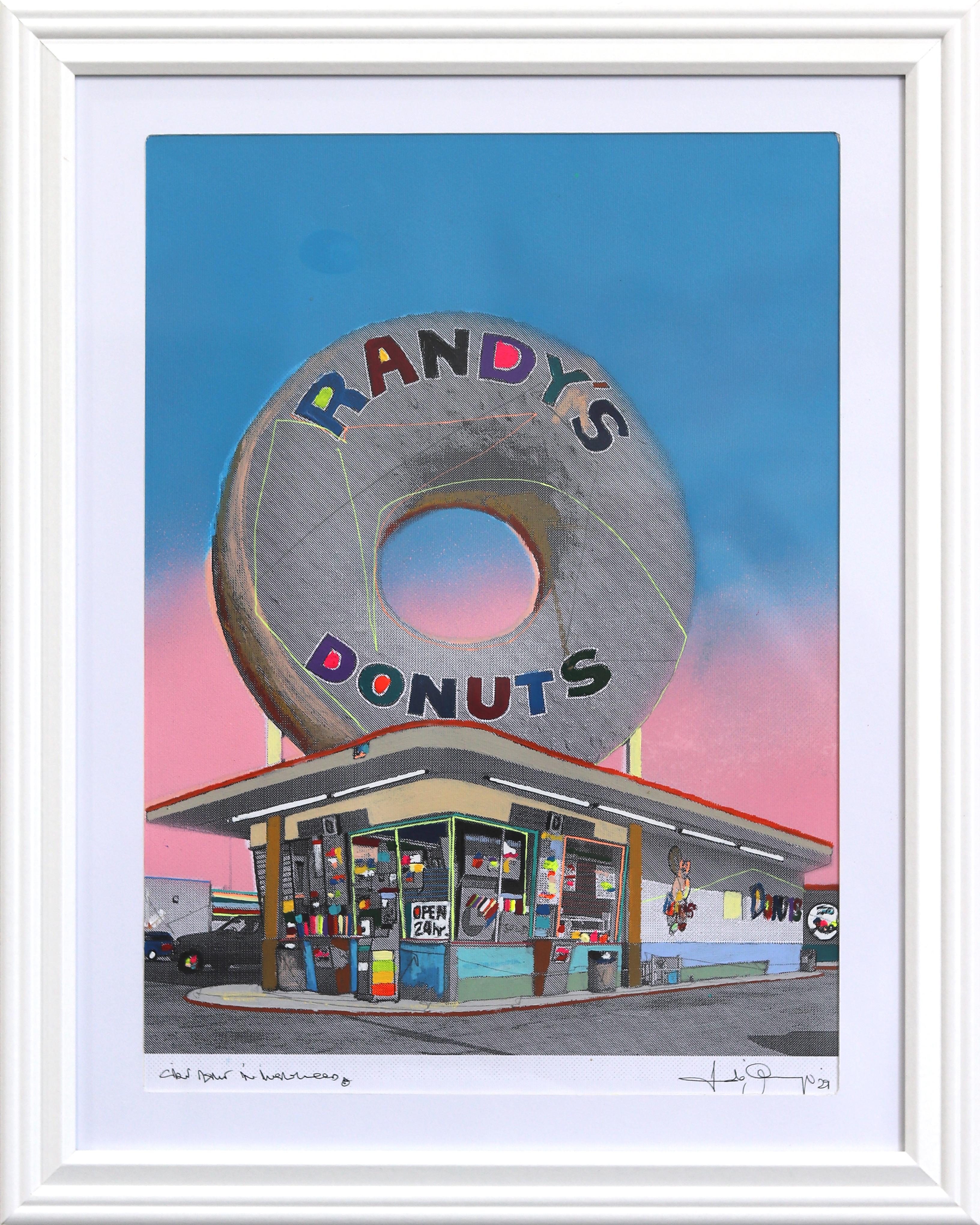 Donut gigante en Inglewood #37 - Paisaje colorido Pintura original sobre papel